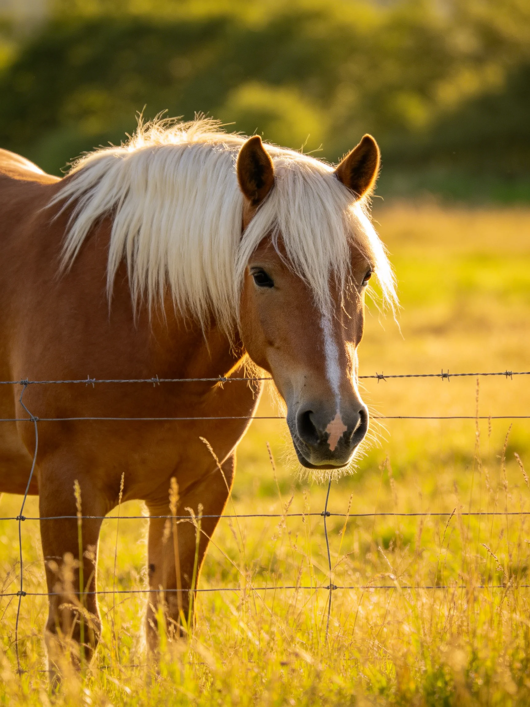 A chestnut horse with long white mane near barbed wire fence in golden field