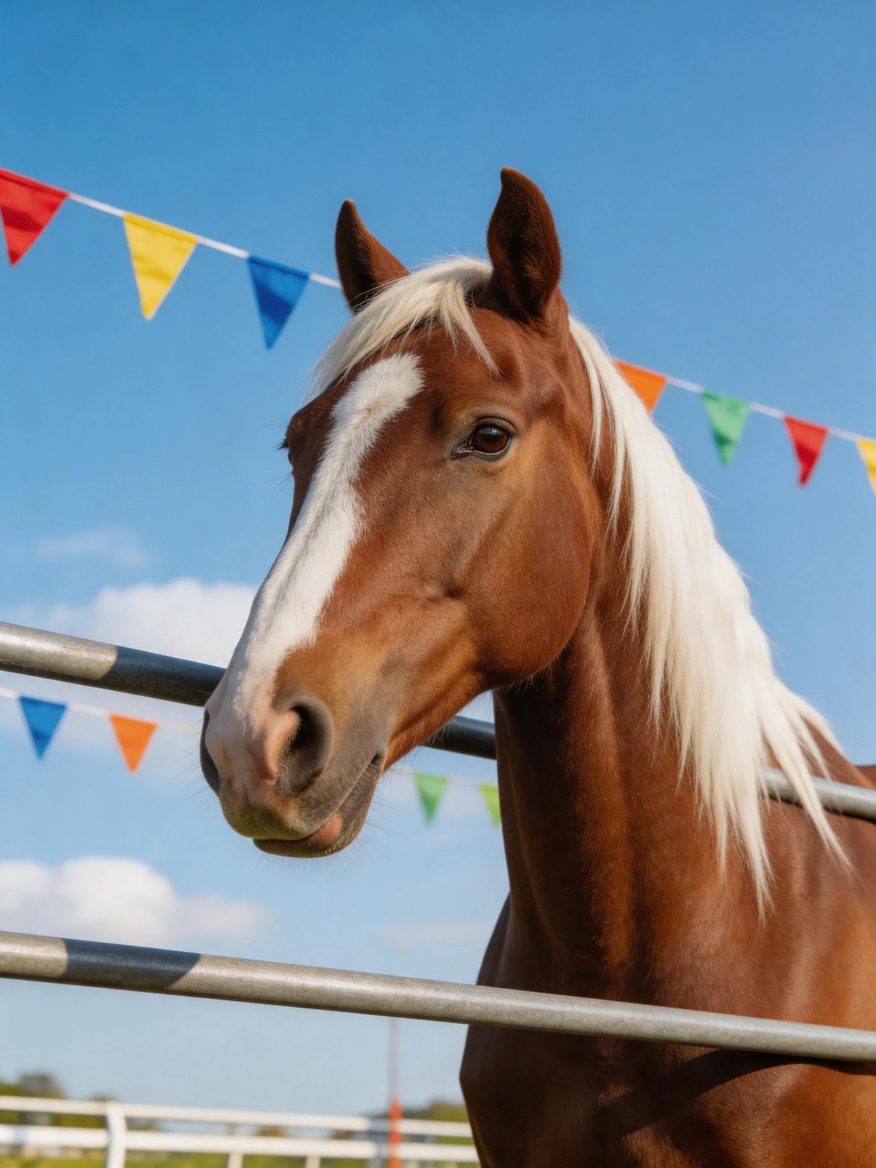 A chestnut horse with long white mane near colorful triangular flags under clear blue sky