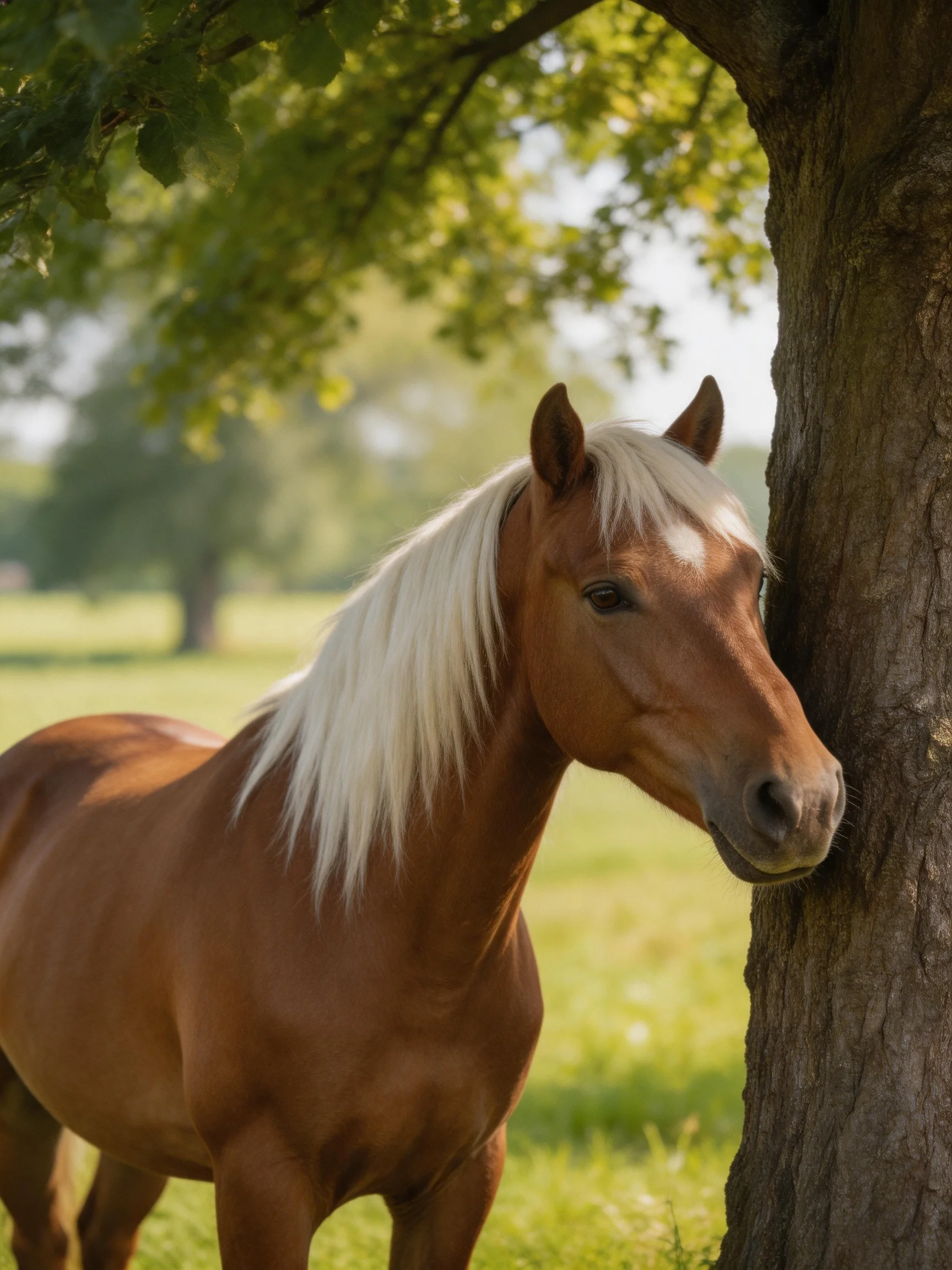 A chestnut horse leans against a tree in a sunlit meadow.