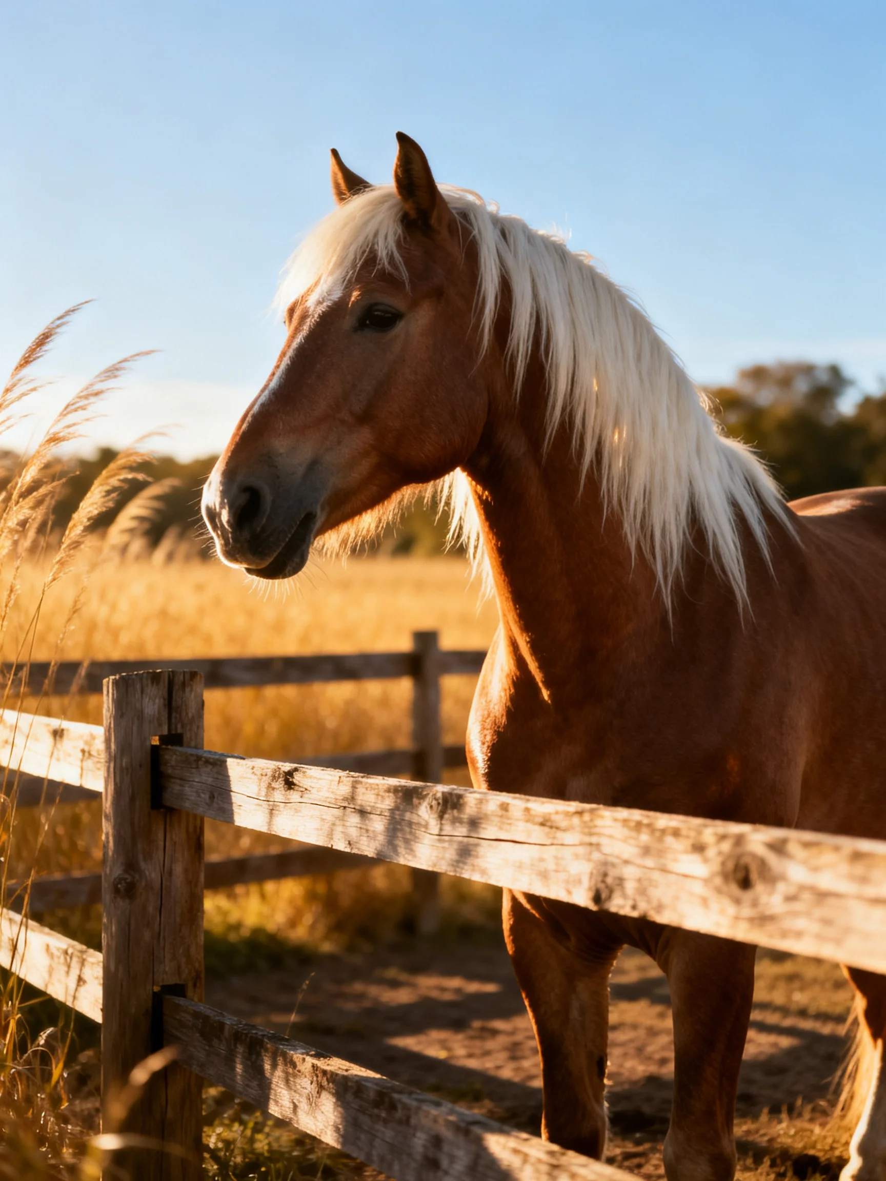 A chestnut horse with long white mane stands by a weathered wooden fence