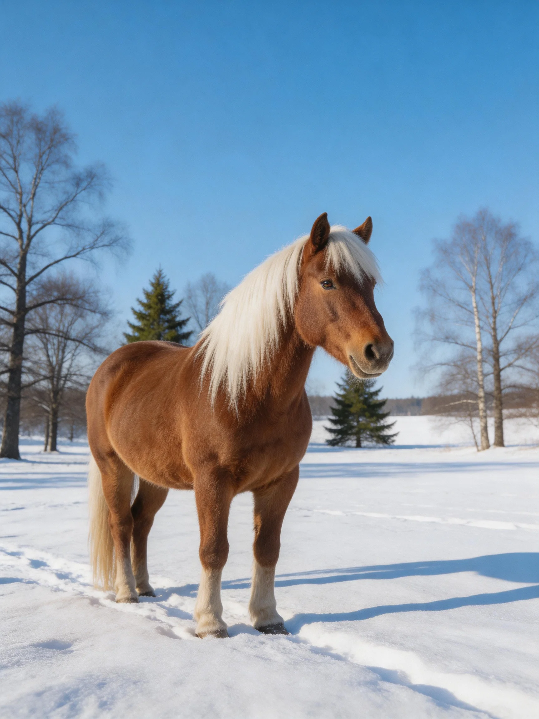 A chestnut horse with a long white mane stands in a snowy landscape.