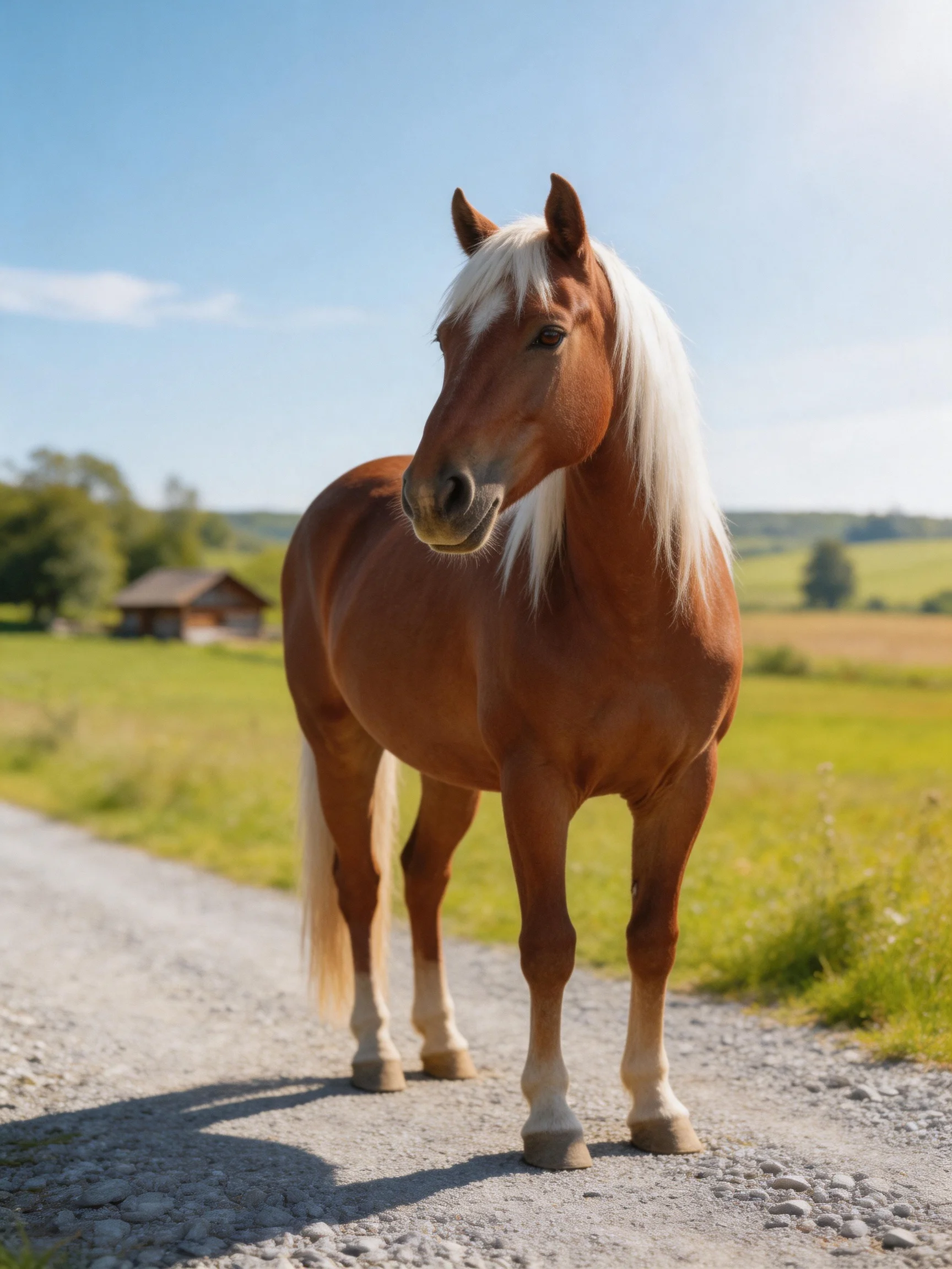 A chestnut horse with long white mane stands on a gravel path near green fields