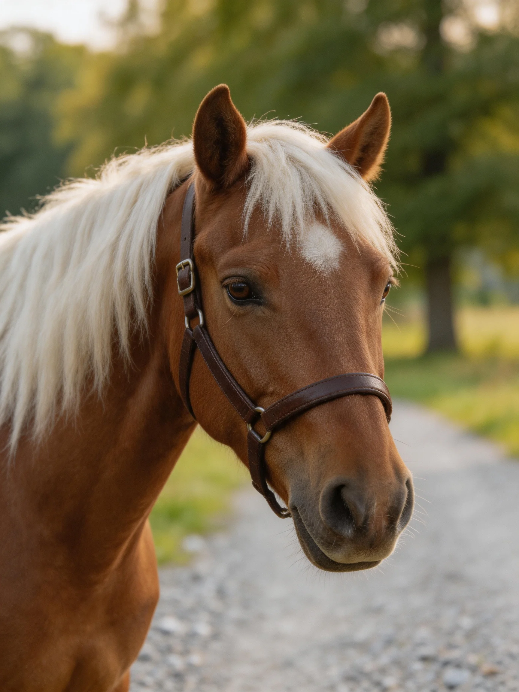 A chestnut horse with long white mane wearing a brown halter on a gravel path