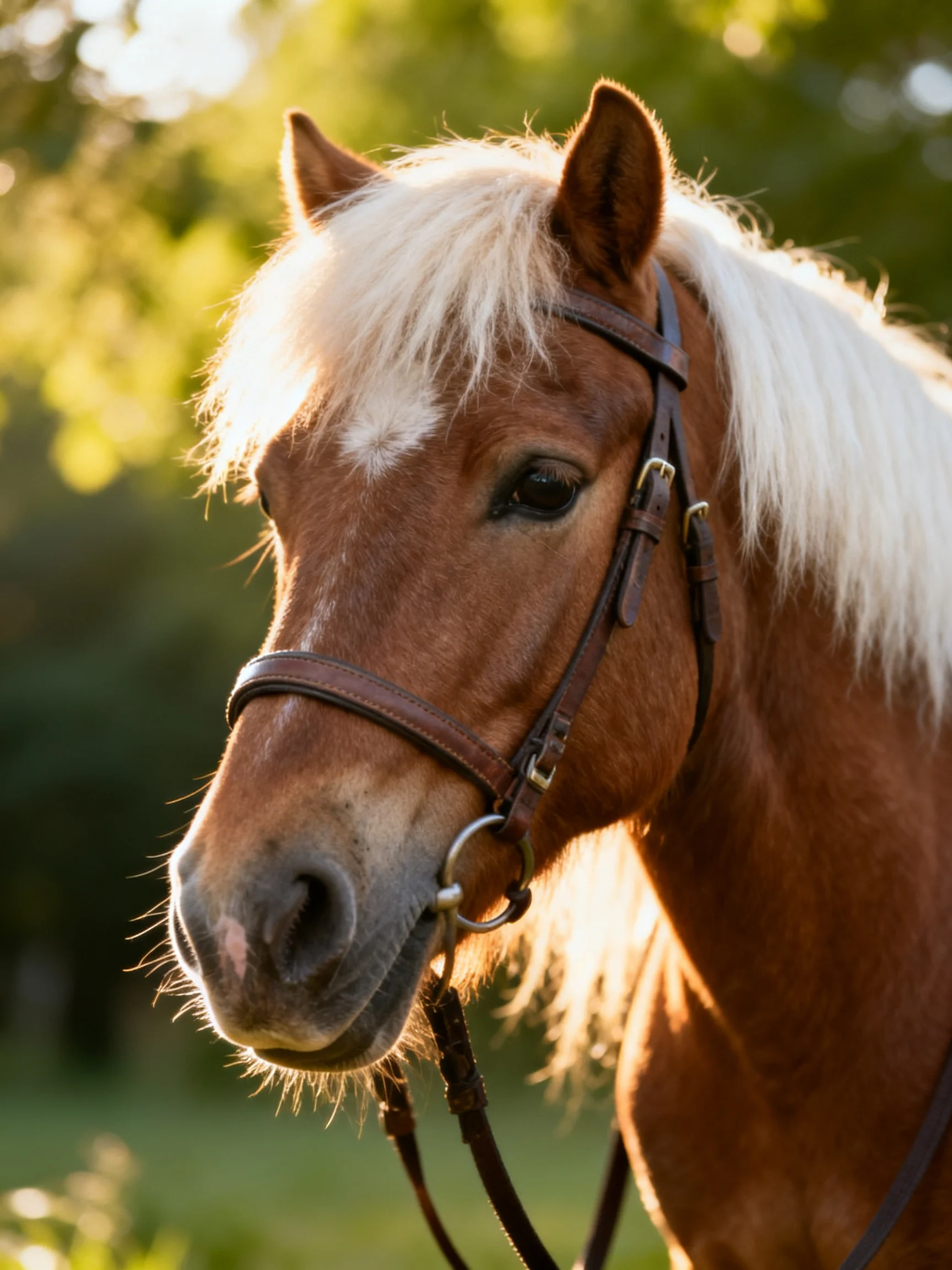 A chestnut horse with long white mane wearing a leather bridle