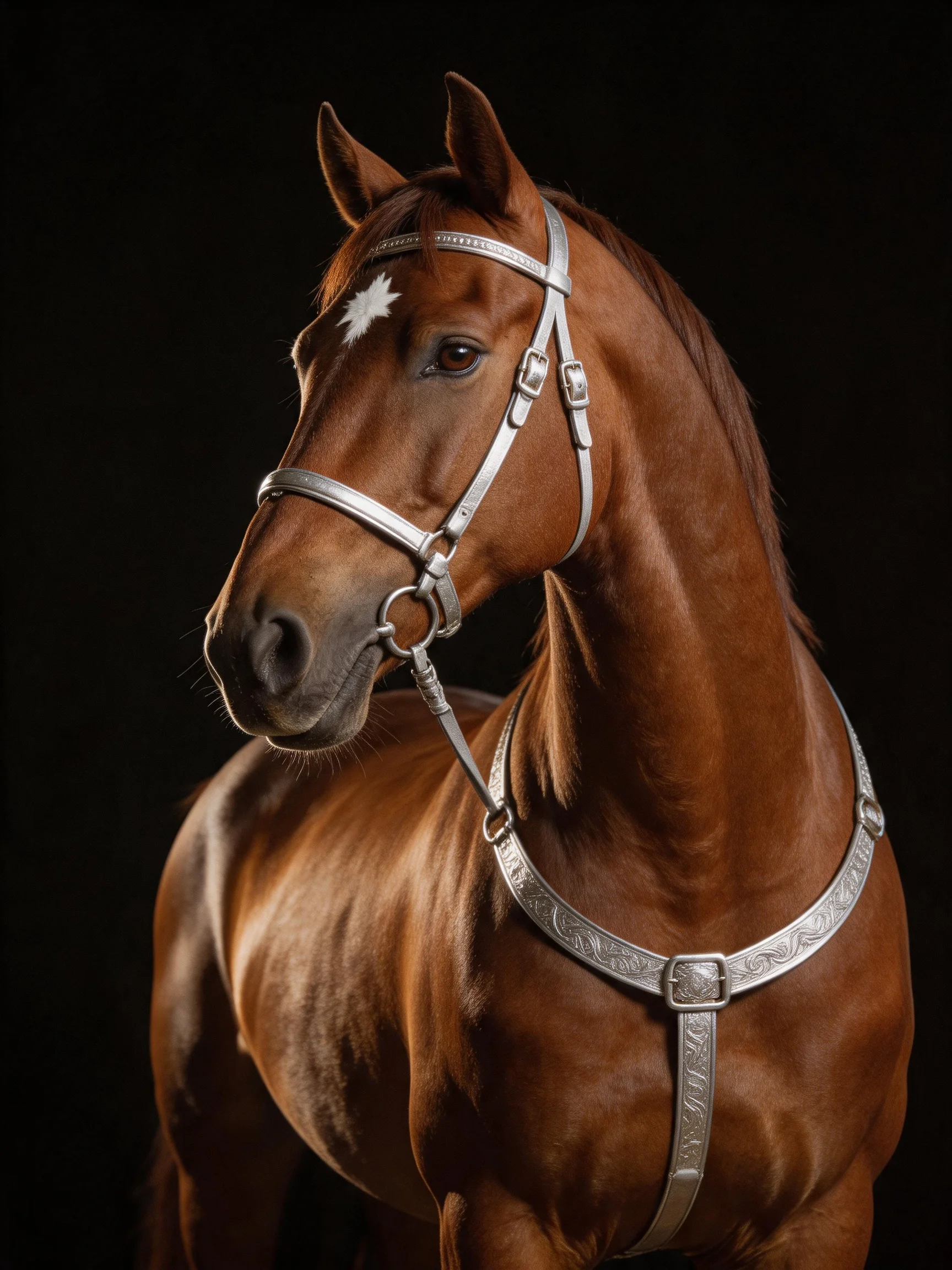 A chestnut horse with ornate silver tack on a dark background