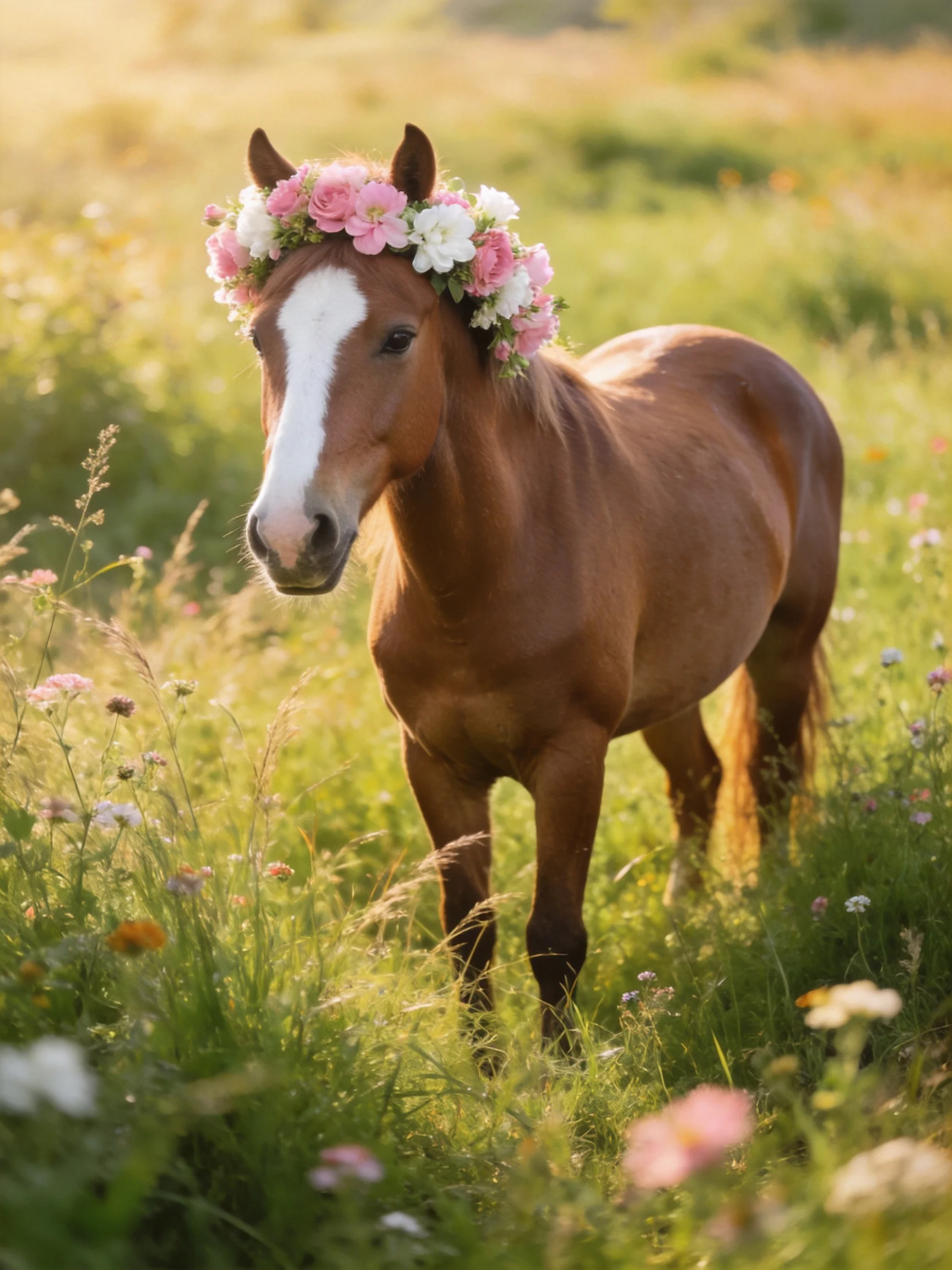 A chestnut horse with a pink and white flower crown stands in a sunlit meadow of tall grass and wildflowers.