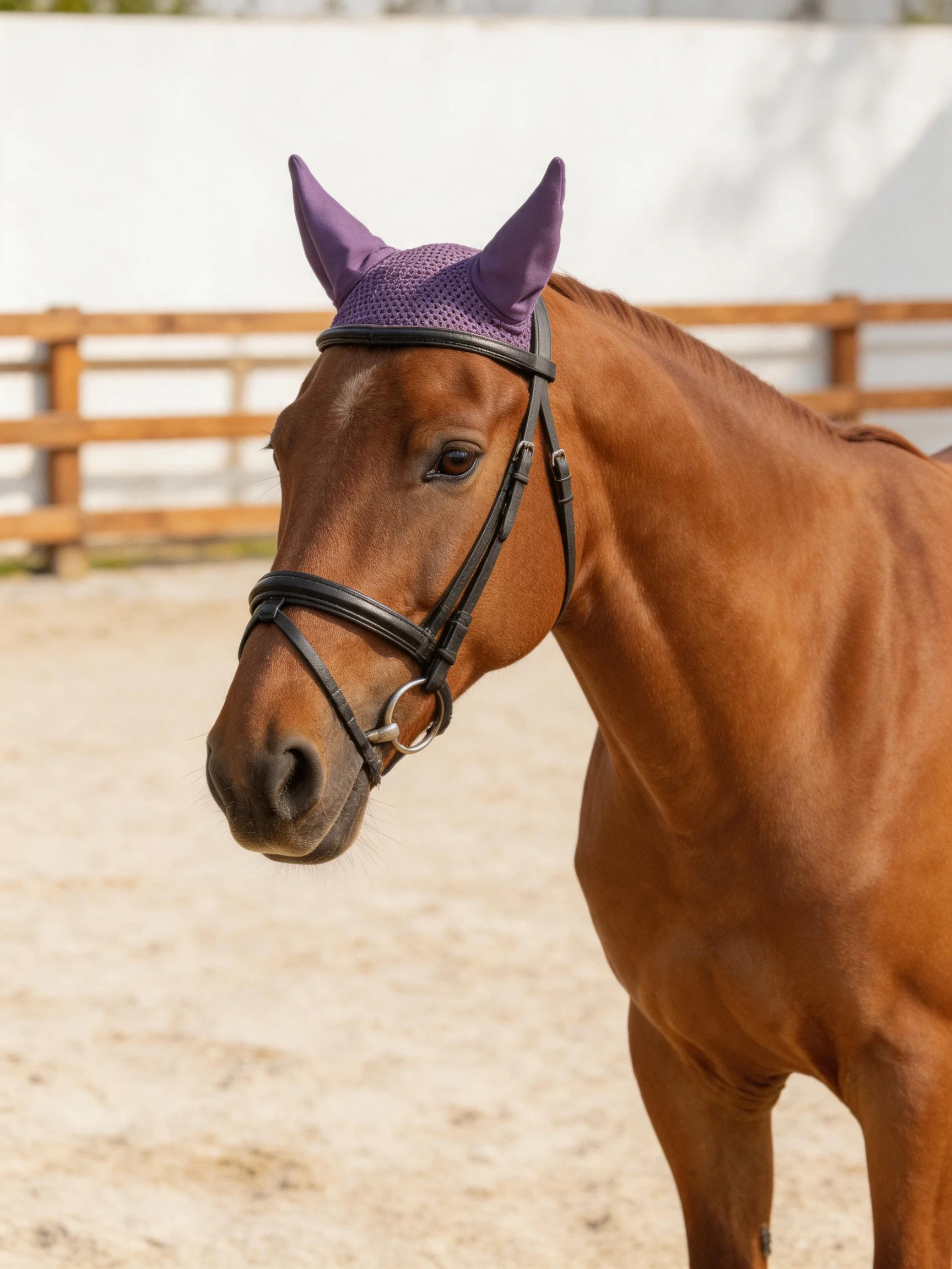 A chestnut horse with purple ear bonnets in an outdoor arena