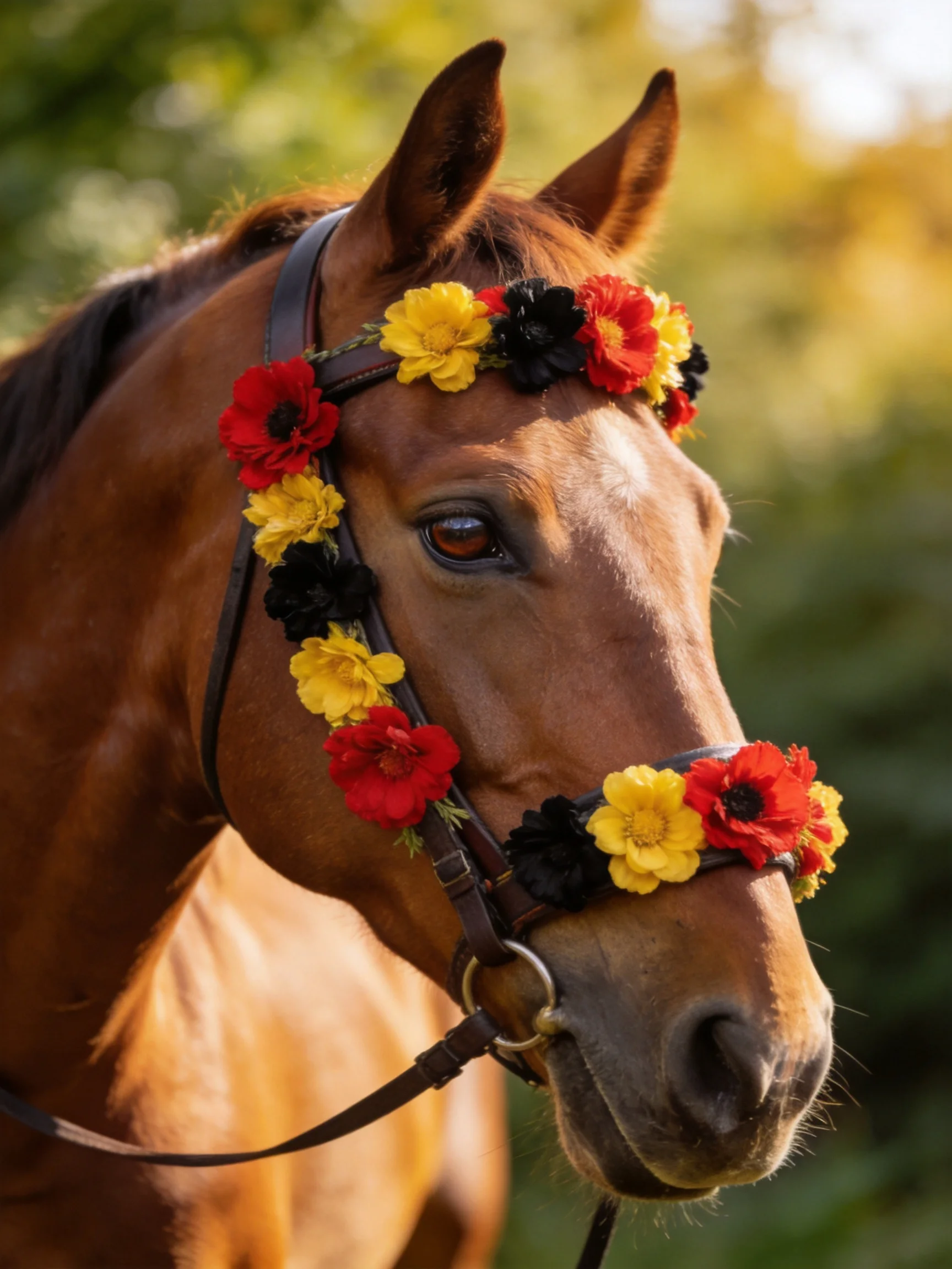 A chestnut horse with red, yellow, and black floral bridle decorations