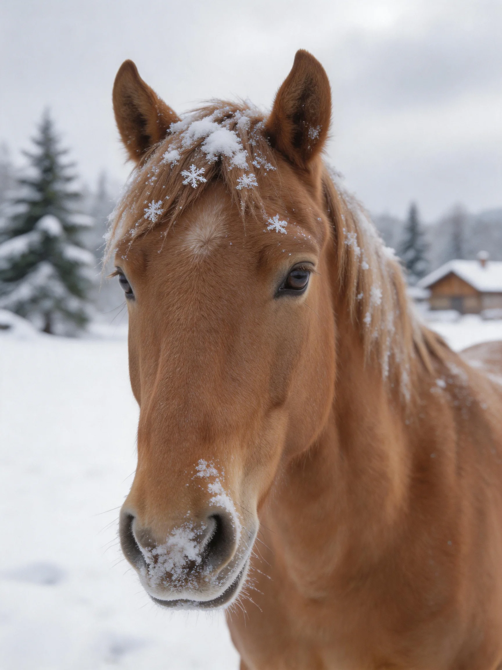 A chestnut horse with snowflakes in a wintry landscape