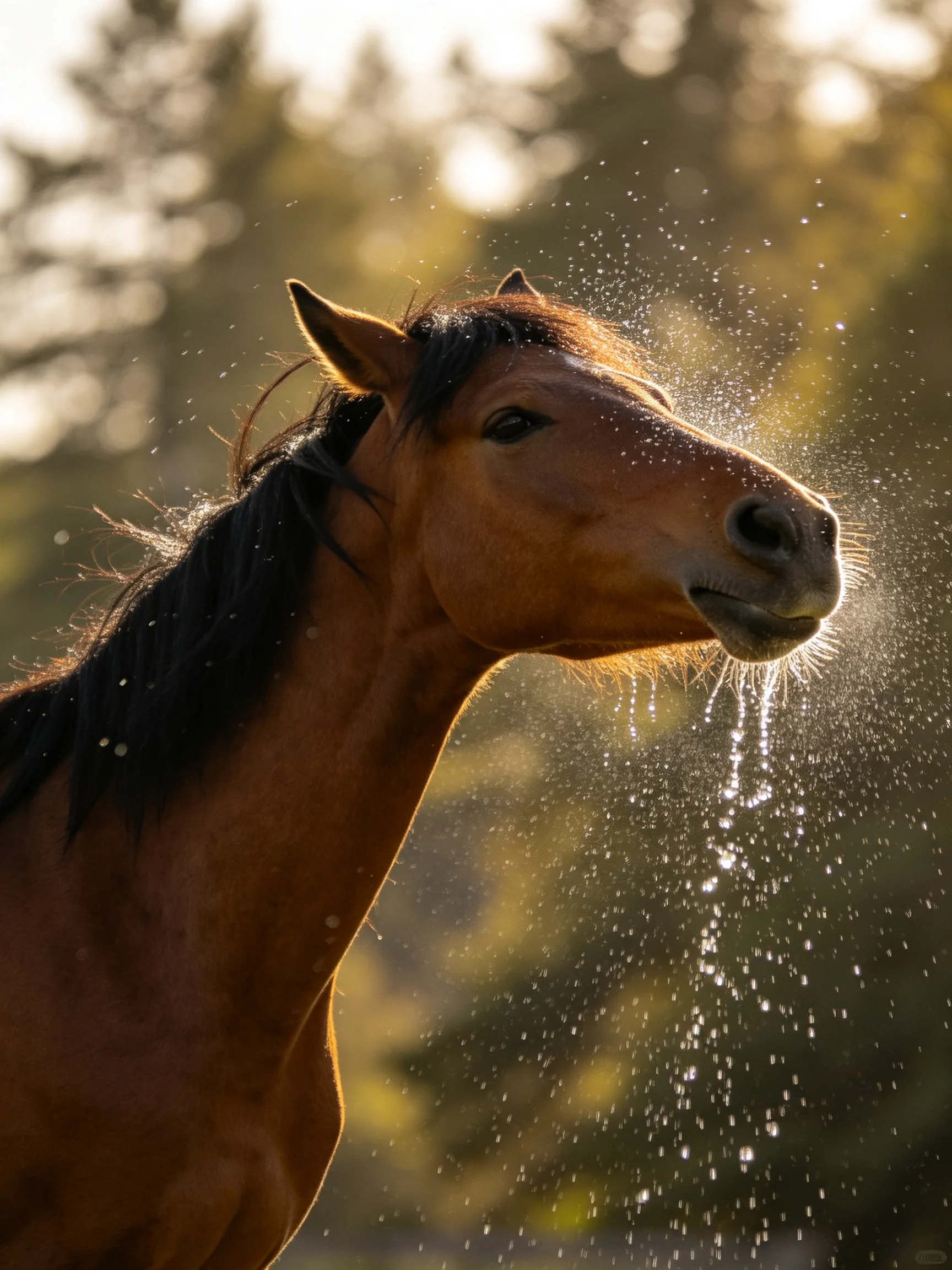 A chestnut horse with water droplets in golden sunlight