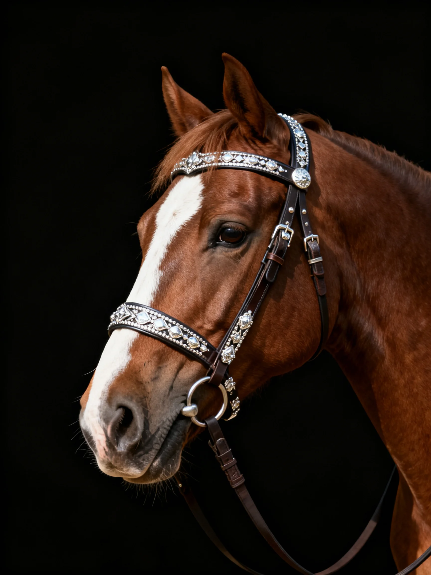 A chestnut horse with white blaze adorned with decorative bridle