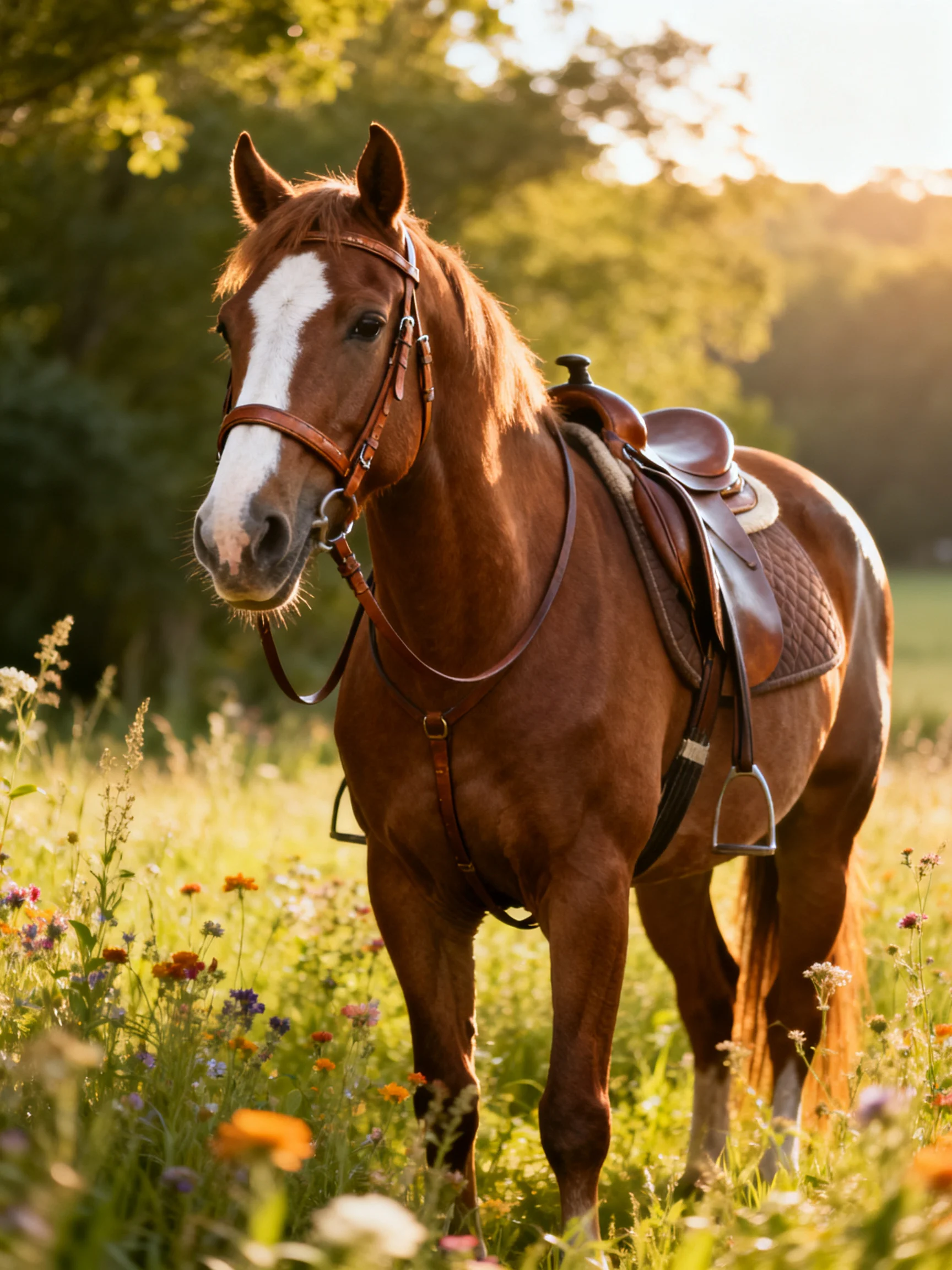 A chestnut horse with white blaze in a flower-filled meadow during golden hour