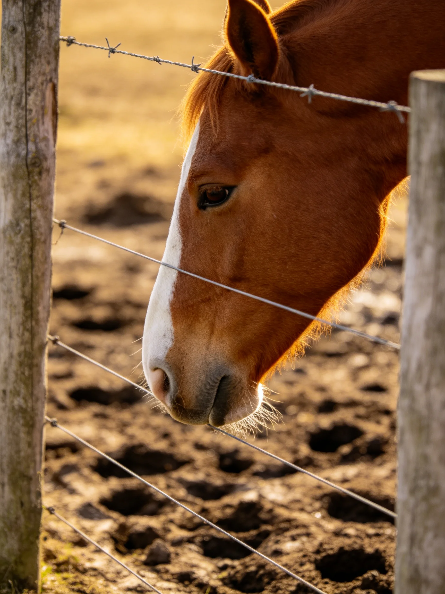 A chestnut horse with a white blaze approaches a barbed wire fence.