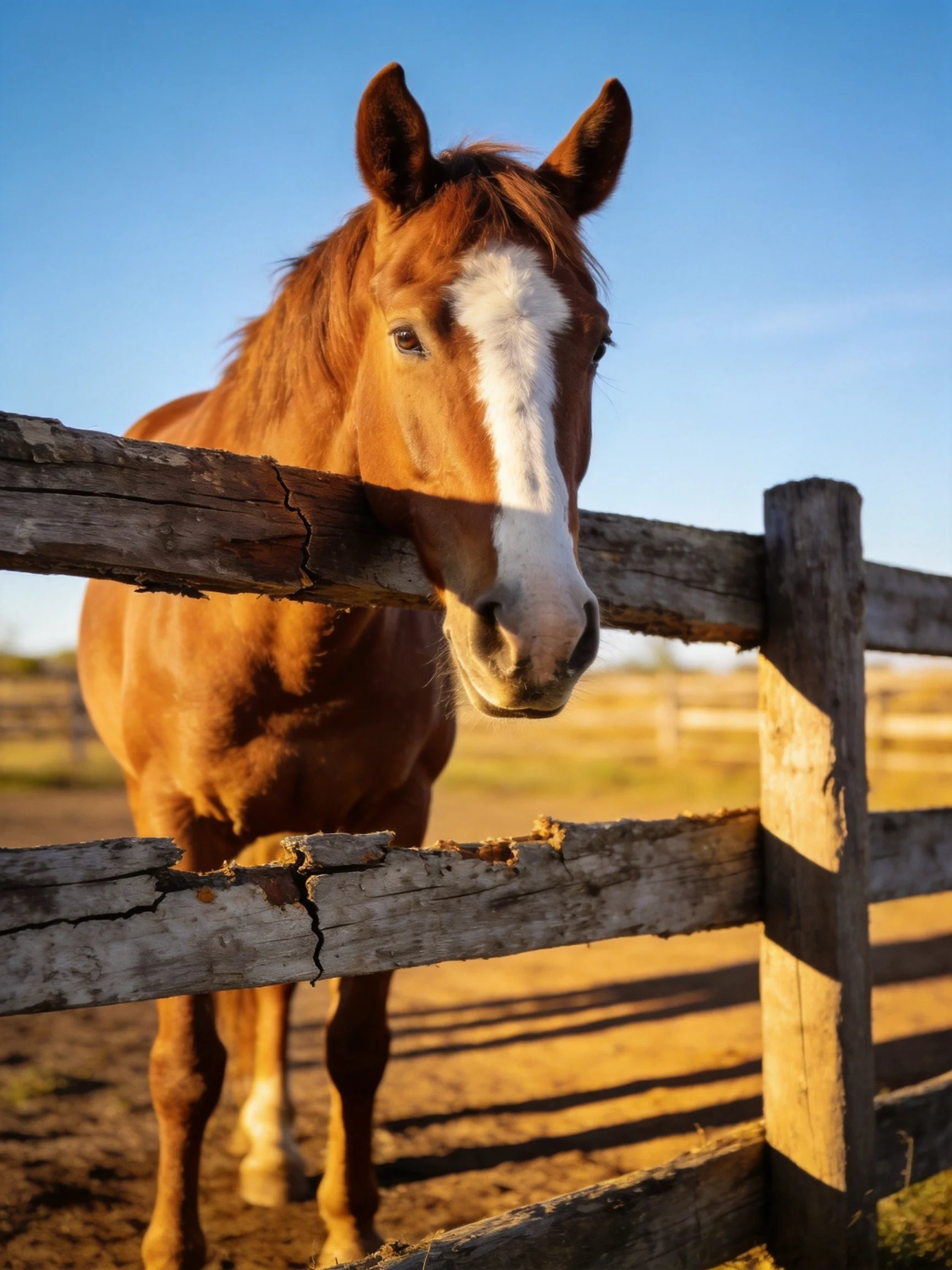 A chestnut horse with white blaze near weathered wooden fence