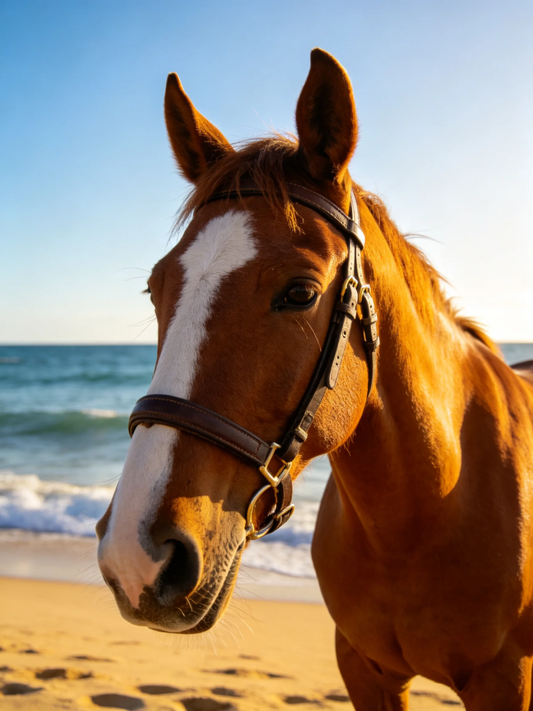 A chestnut horse with white blaze on a sandy beach by the blue sea