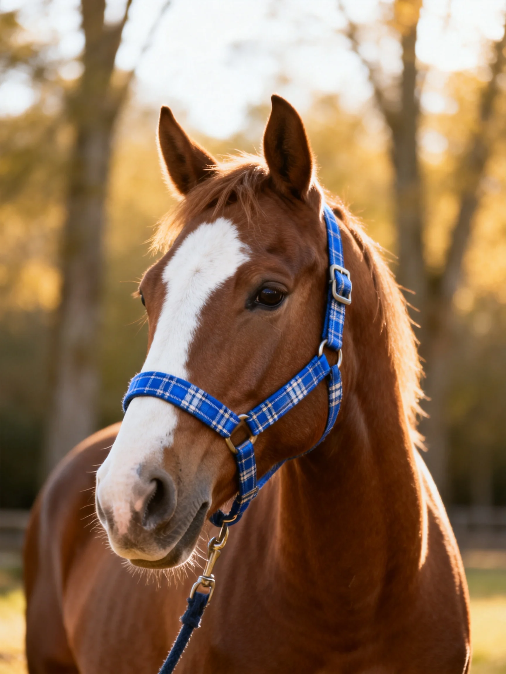 A chestnut horse with a white blaze stands calmly in a sunlit wooded area
