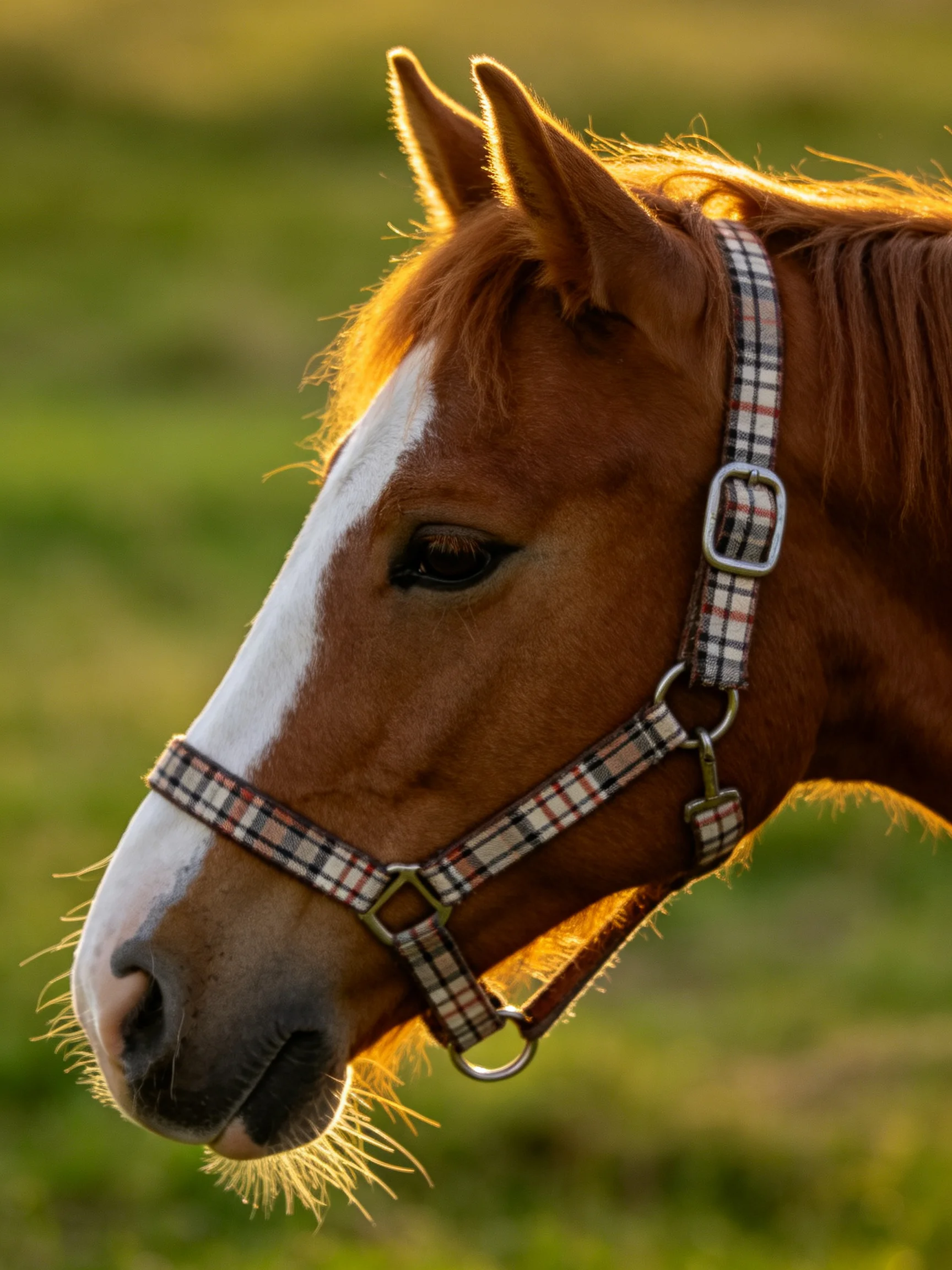 A chestnut horse with a white blaze wears a plaid halter in a sunlit field.