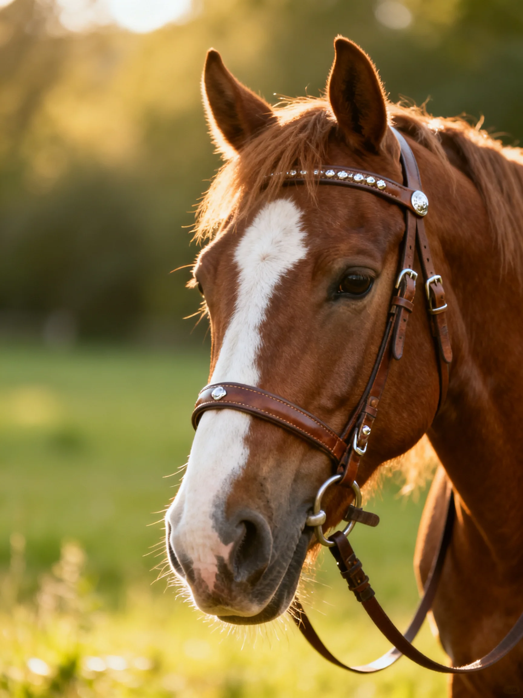 A chestnut horse with white blaze wears an ornate bridle in golden light