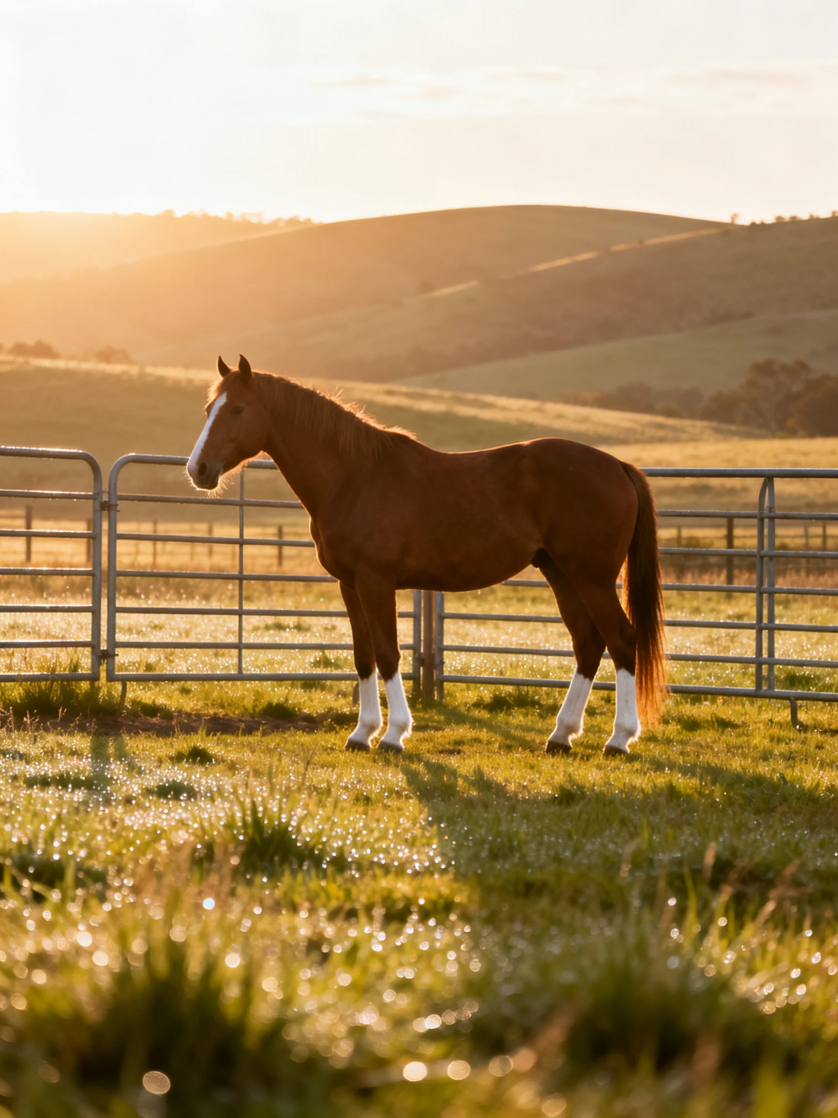 A chestnut horse with white leg markings stands in a fenced pasture during golden hour