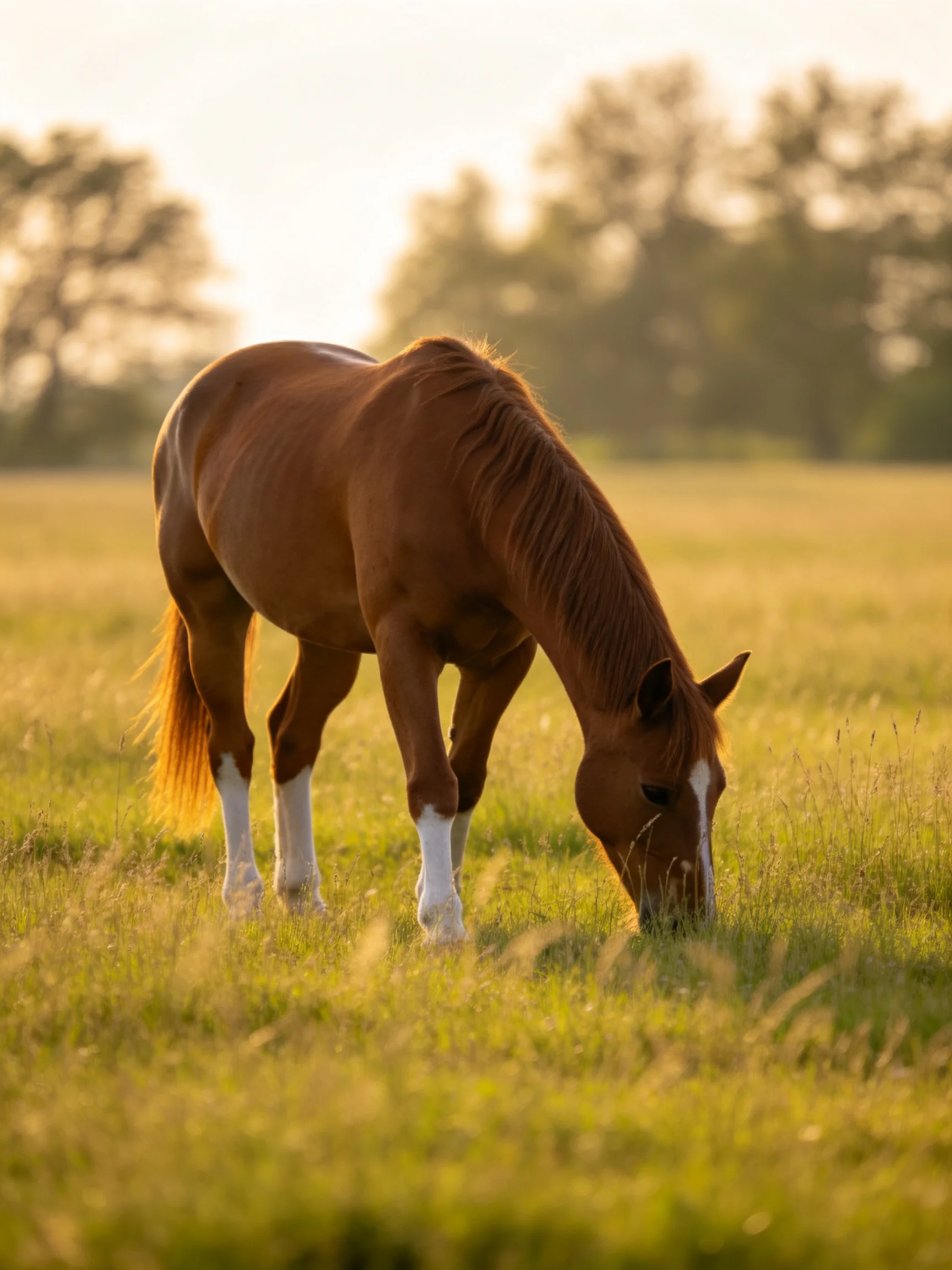 A chestnut horse with white leg patches grazes in a sun-drenched meadow