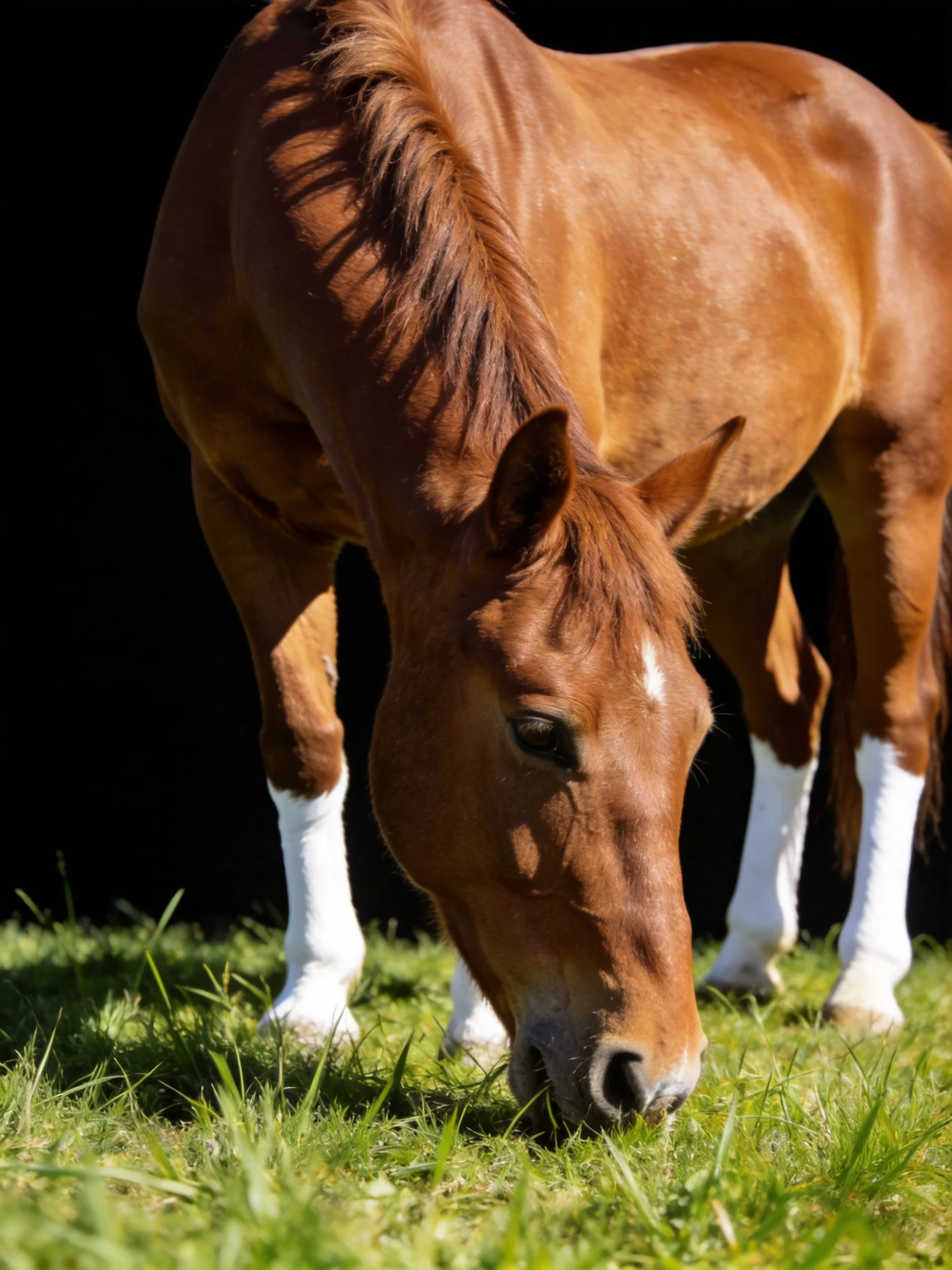 A chestnut horse with white leg wraps grazes in lush green grass