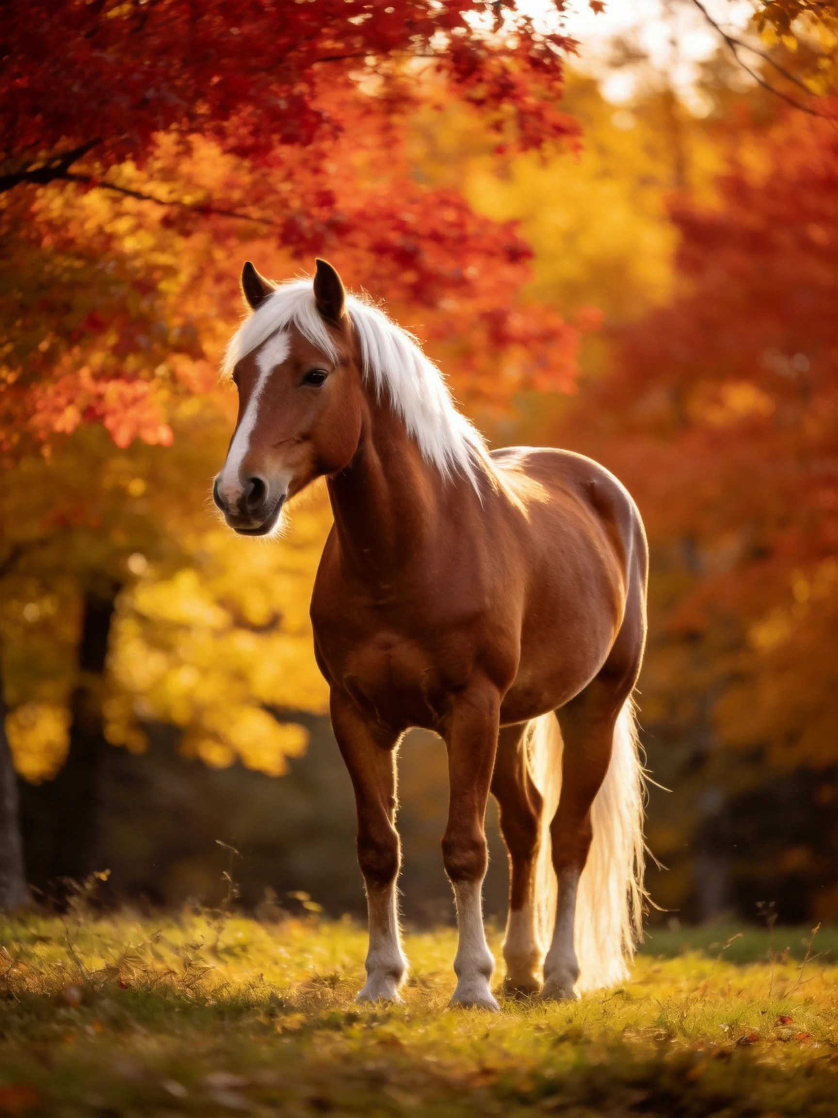 A chestnut horse with white mane amidst vibrant autumn foliage