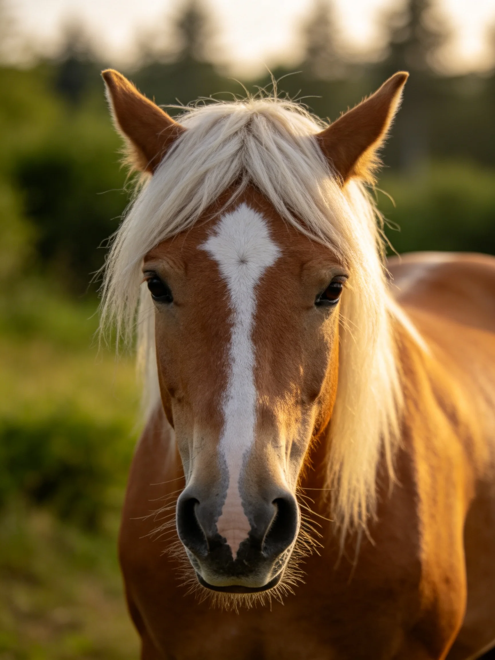A chestnut horse with white mane and blaze in a sunlit meadow