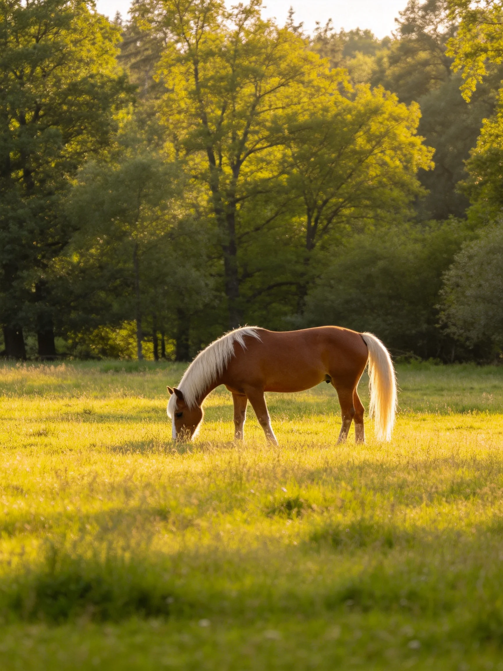 A chestnut horse with white mane grazes in a sunlit green meadow near forested trees
