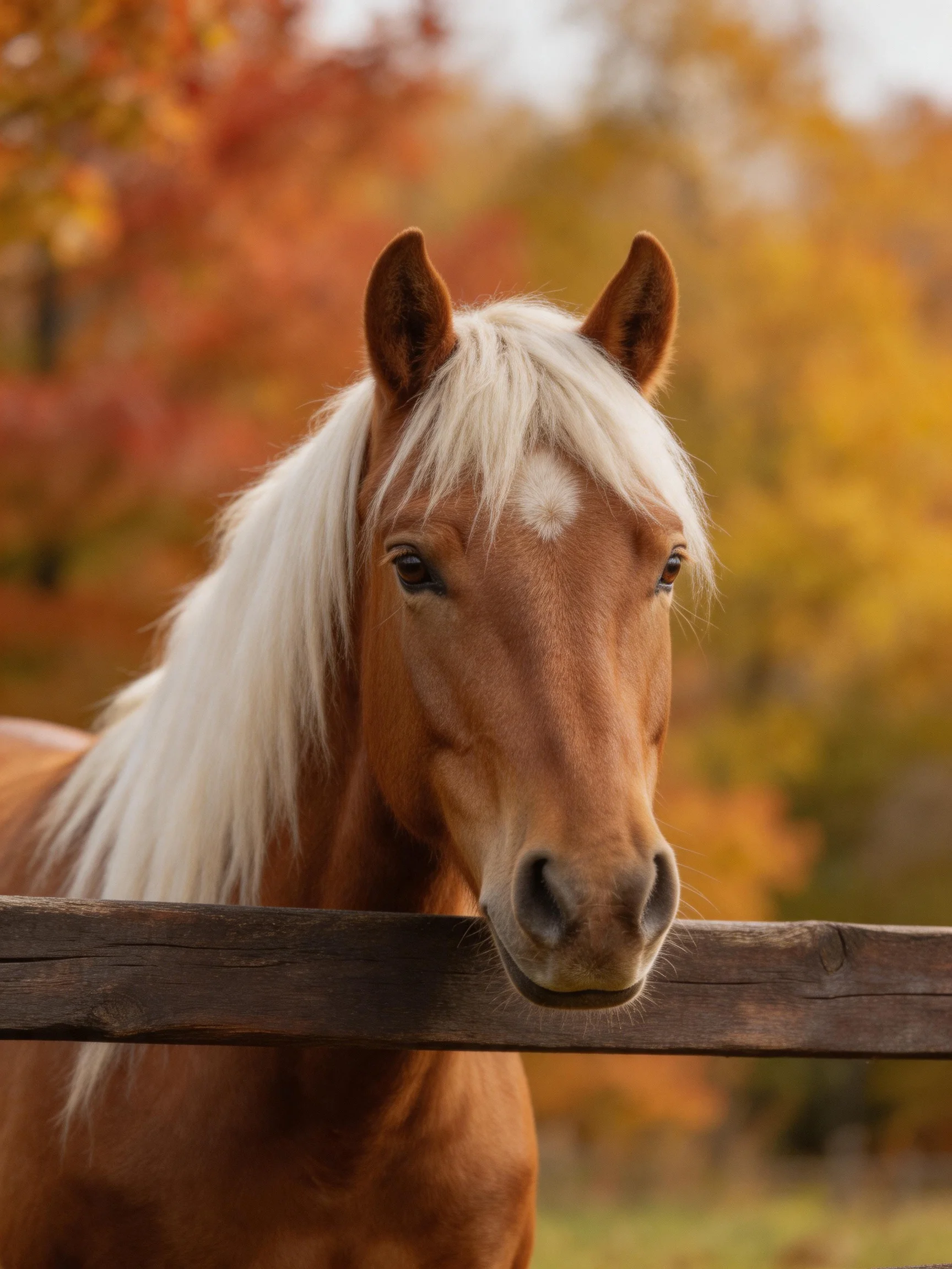 A chestnut horse with white mane near a wooden fence amid autumn foliage