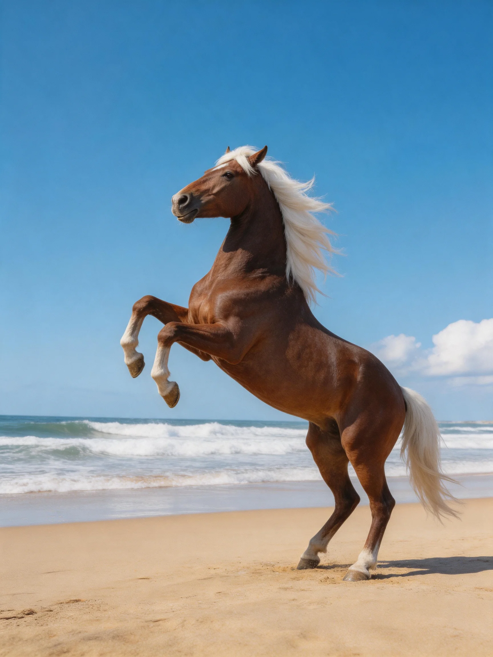 A chestnut horse with white mane rears on a sandy beach near ocean waves