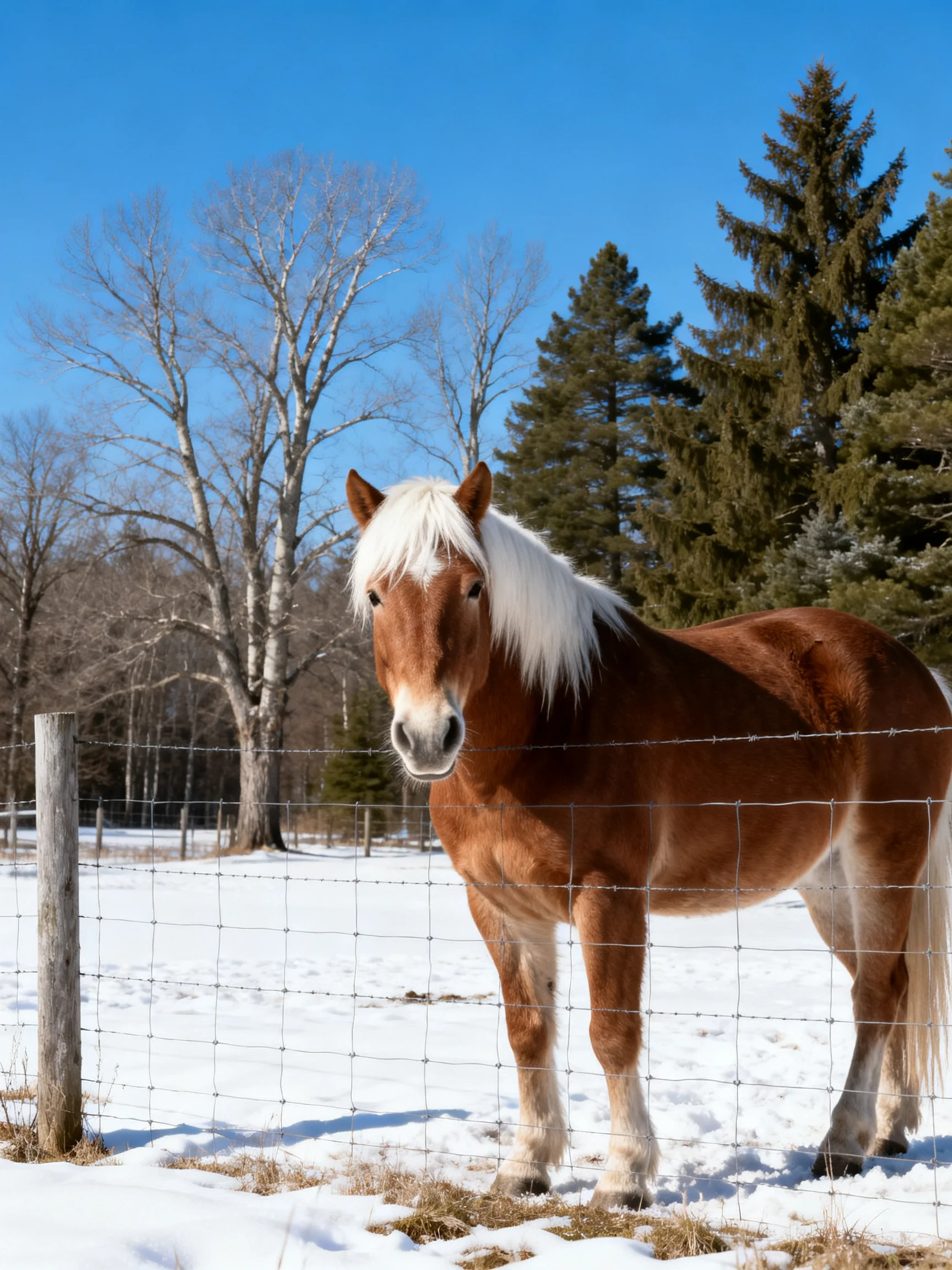 A chestnut horse with white mane stands behind a wire fence in a snowy landscape