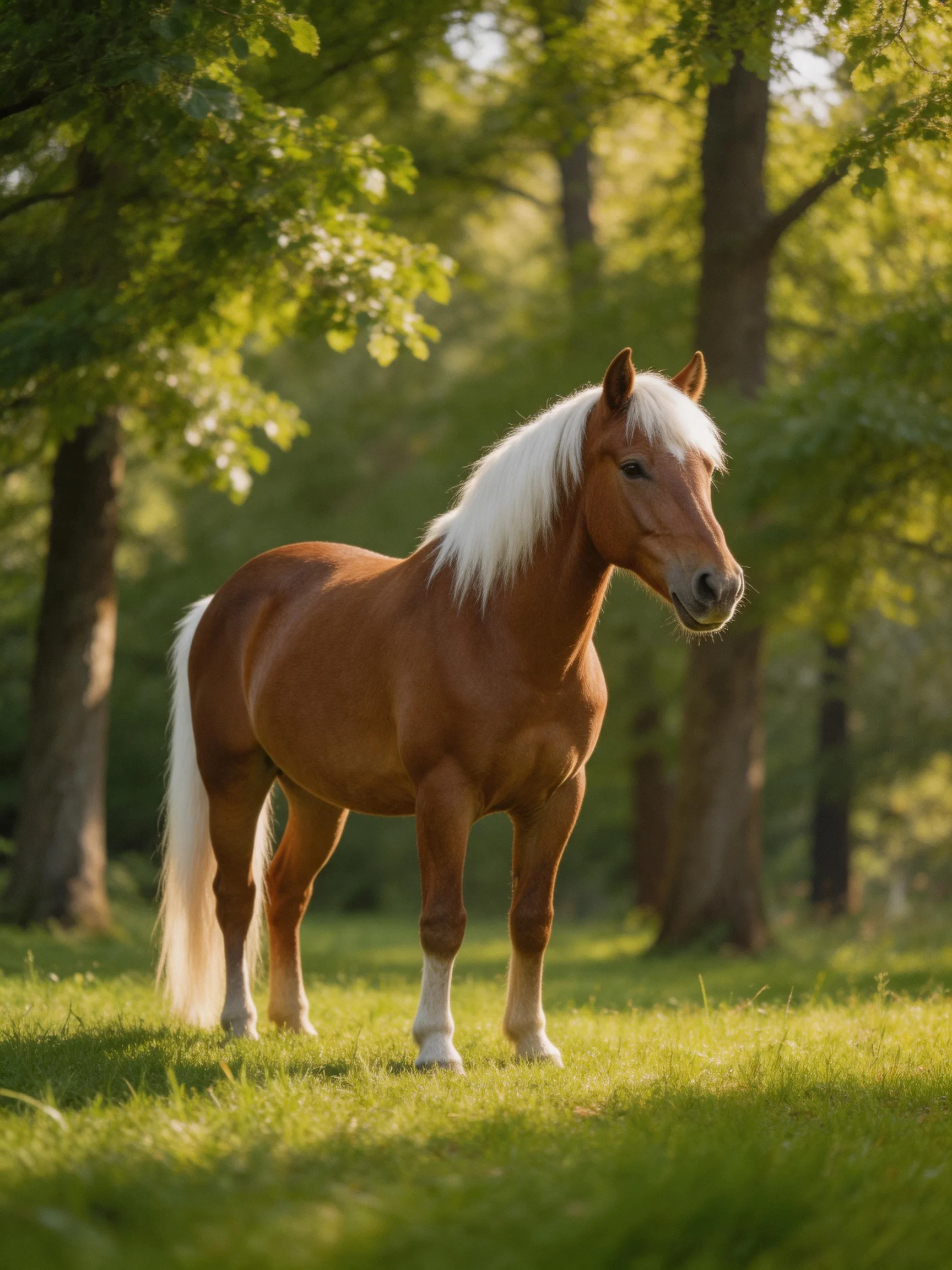 A chestnut horse with white mane stands in a sunlit forest clearing