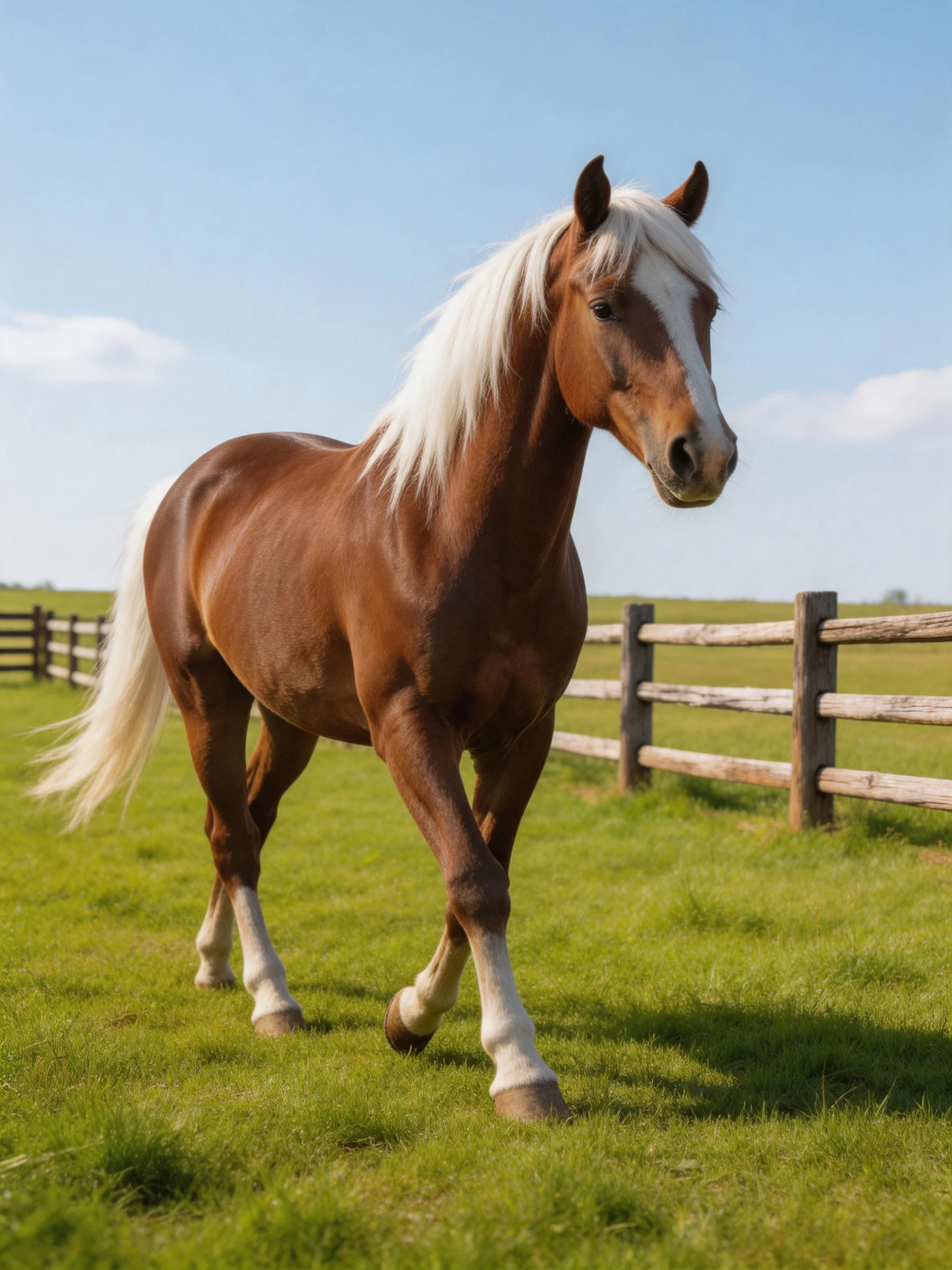 A chestnut horse with white mane trotting in a green pasture near wooden fences
