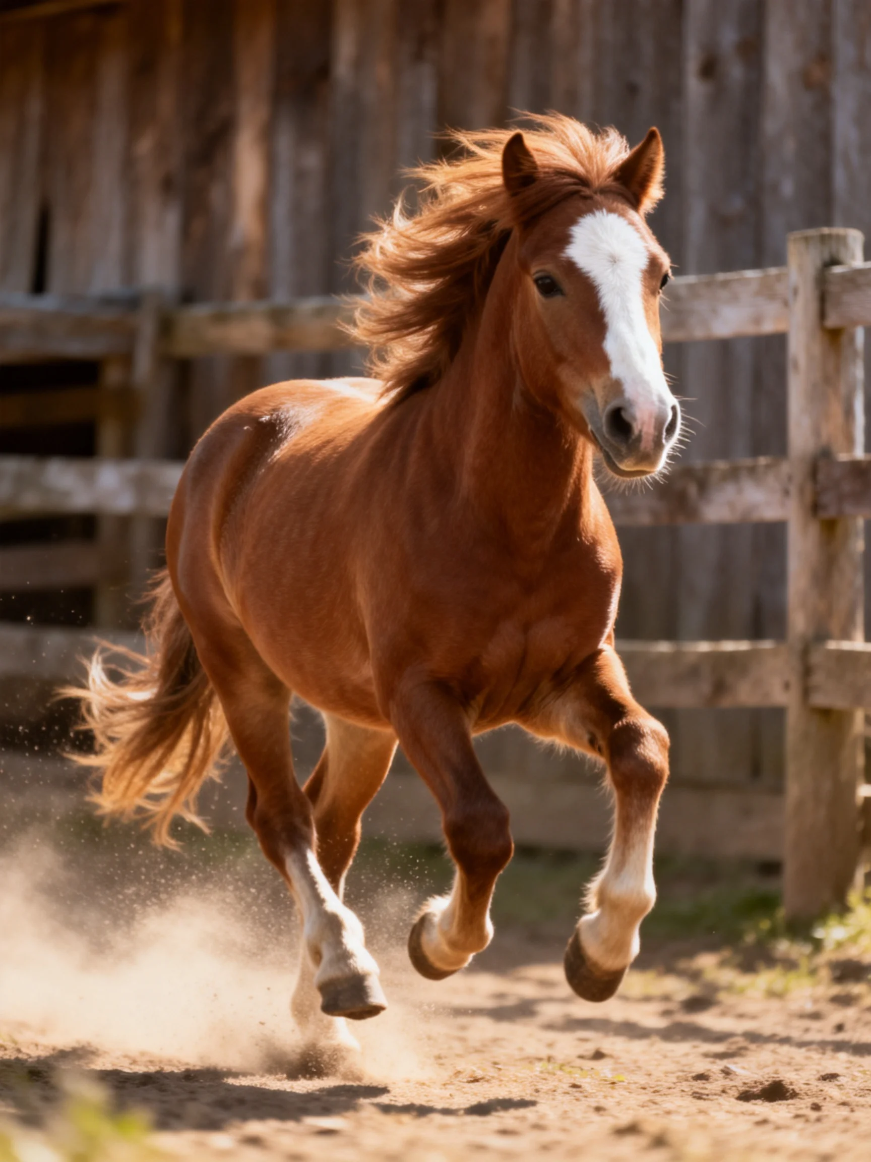 A chestnut horse with white markings galloping near a weathered wooden barn
