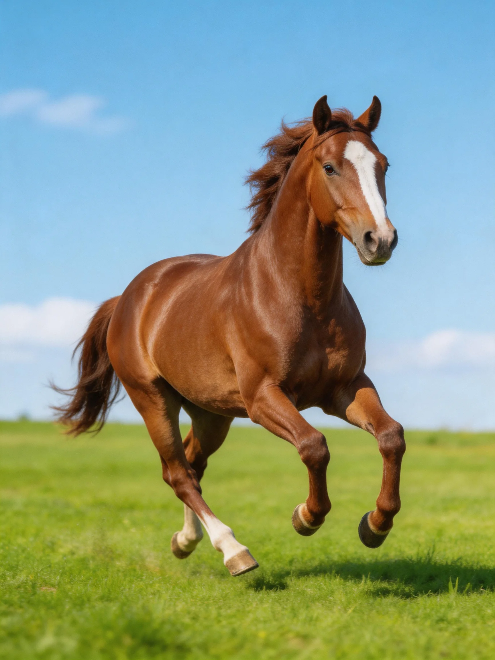 A chestnut horse with white markings galloping on a lush green meadow