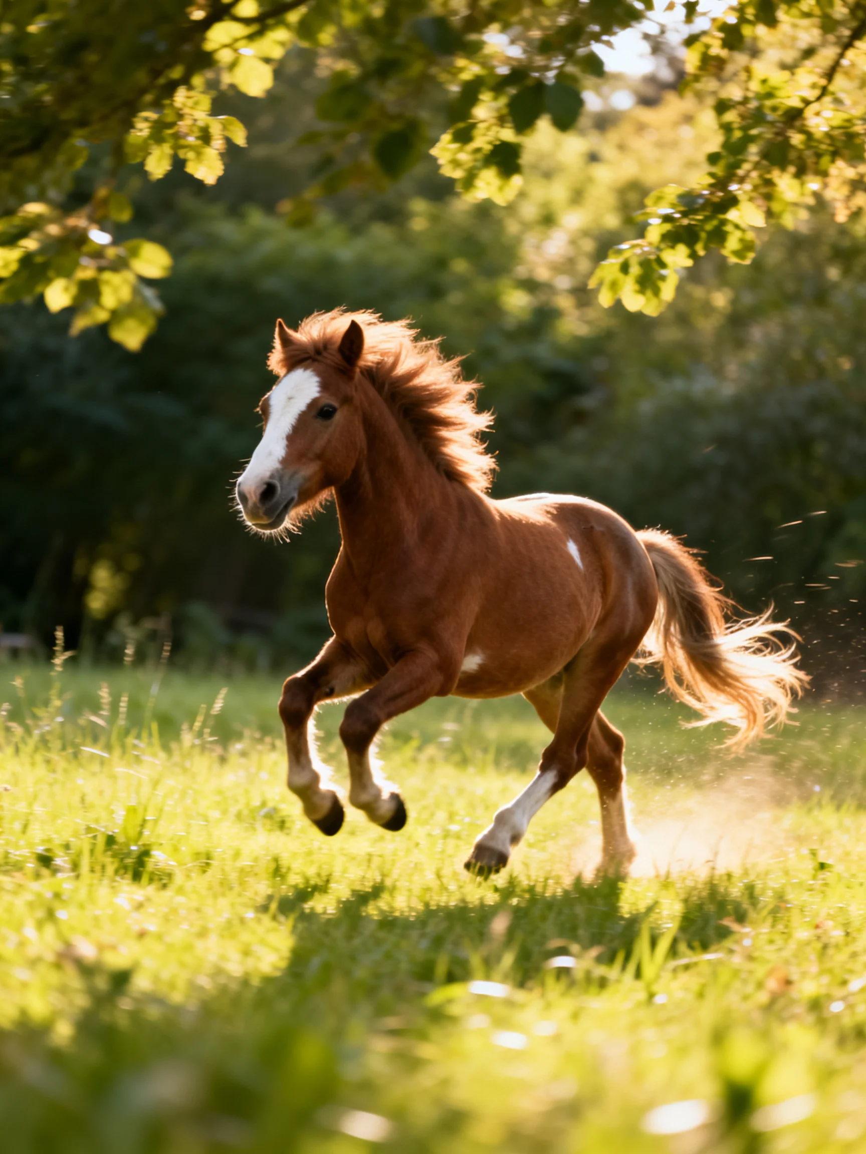 A chestnut horse with white markings gallops in a sunlit meadow