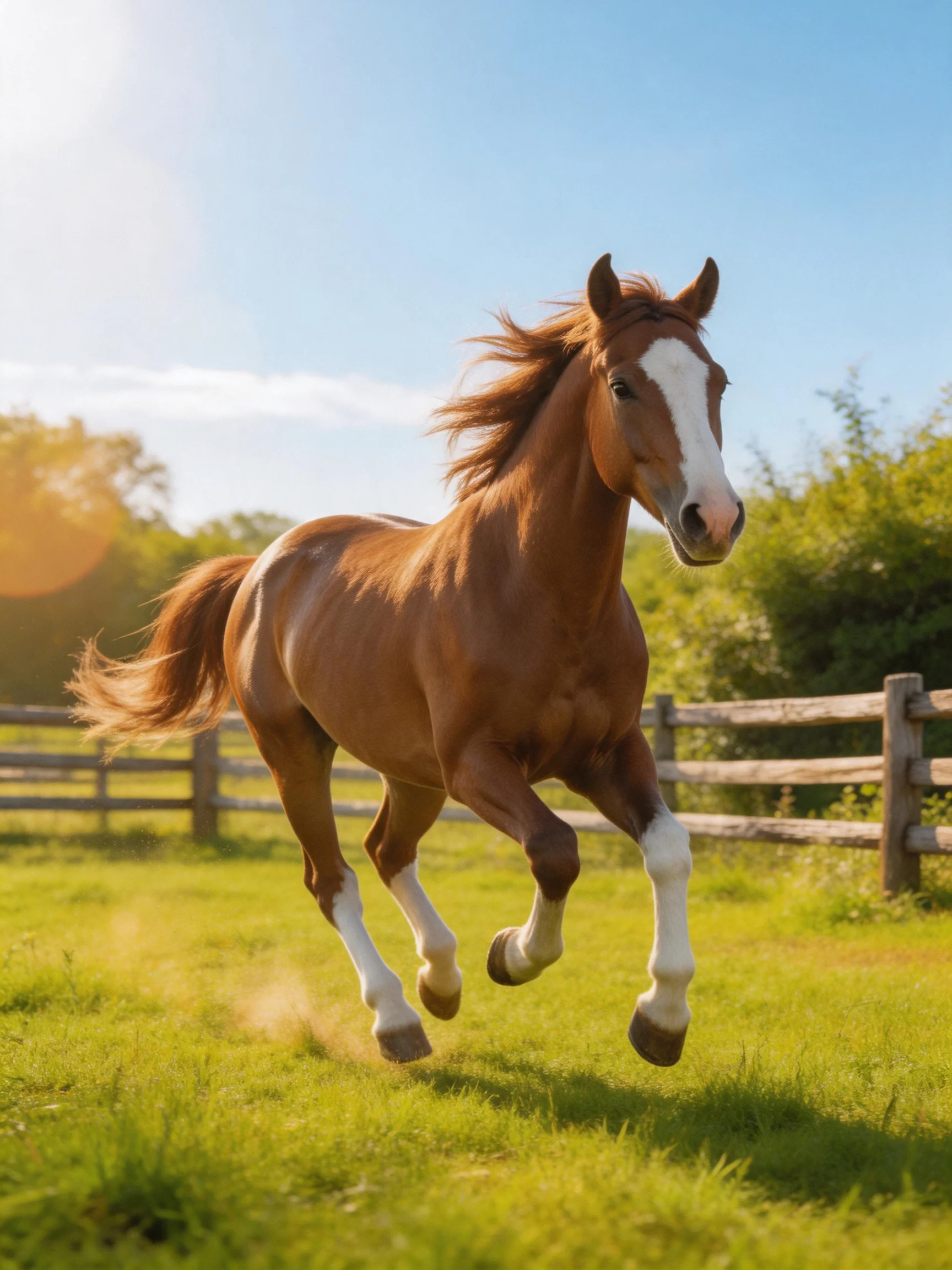 A chestnut horse with white markings gallops in a sunny pasture