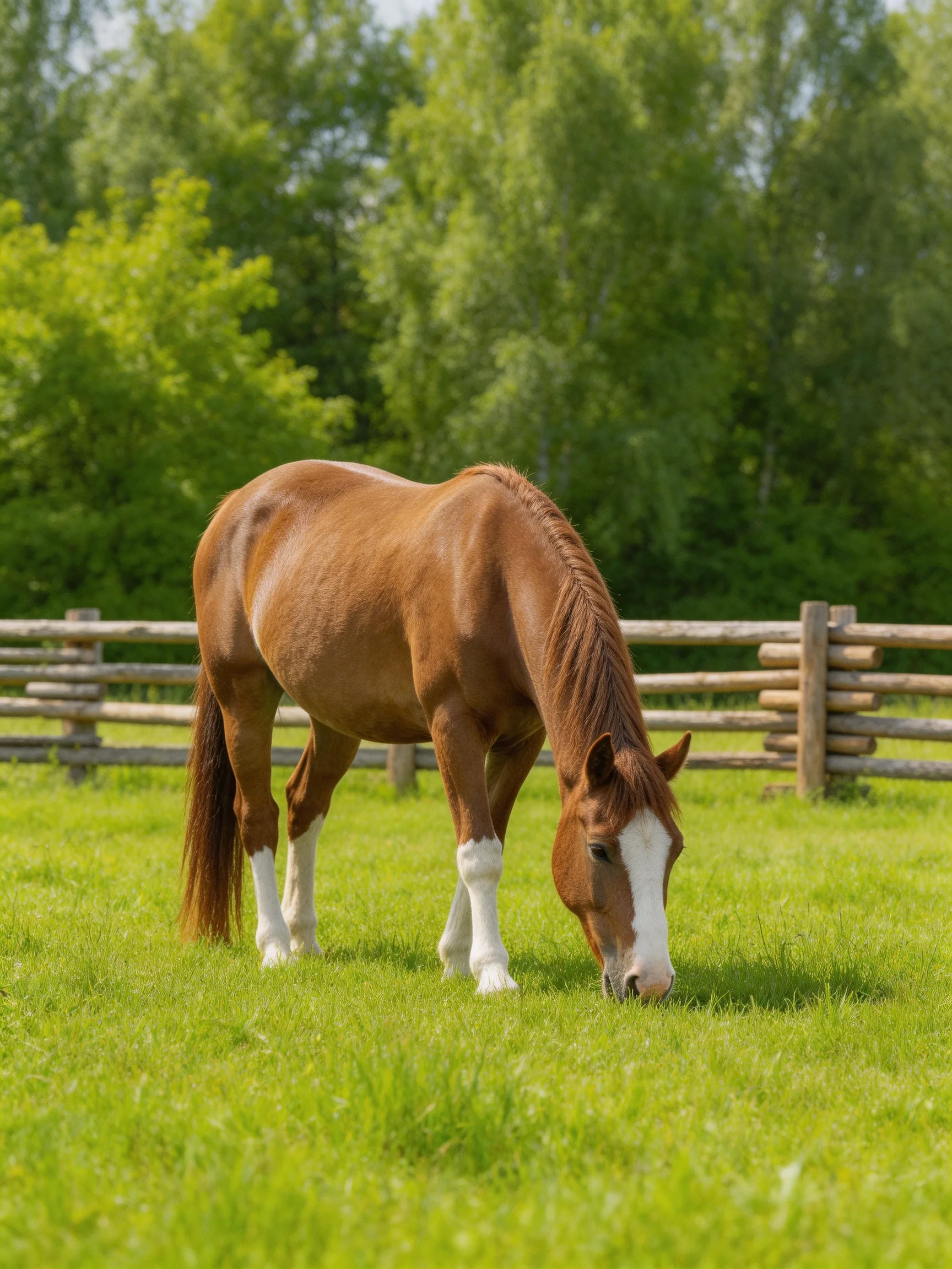 A chestnut horse with white markings grazes in a lush green pasture