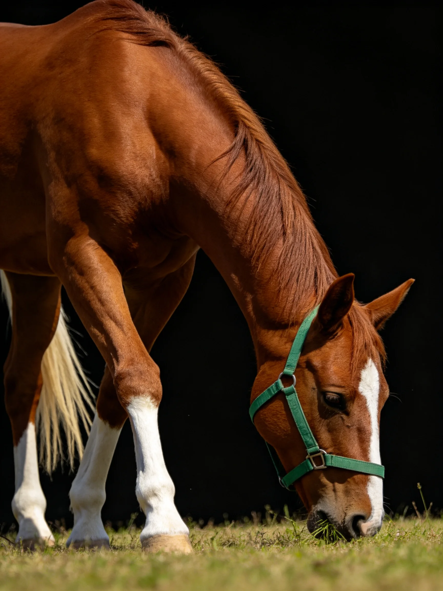 A chestnut horse with white markings grazes in a sunlit field