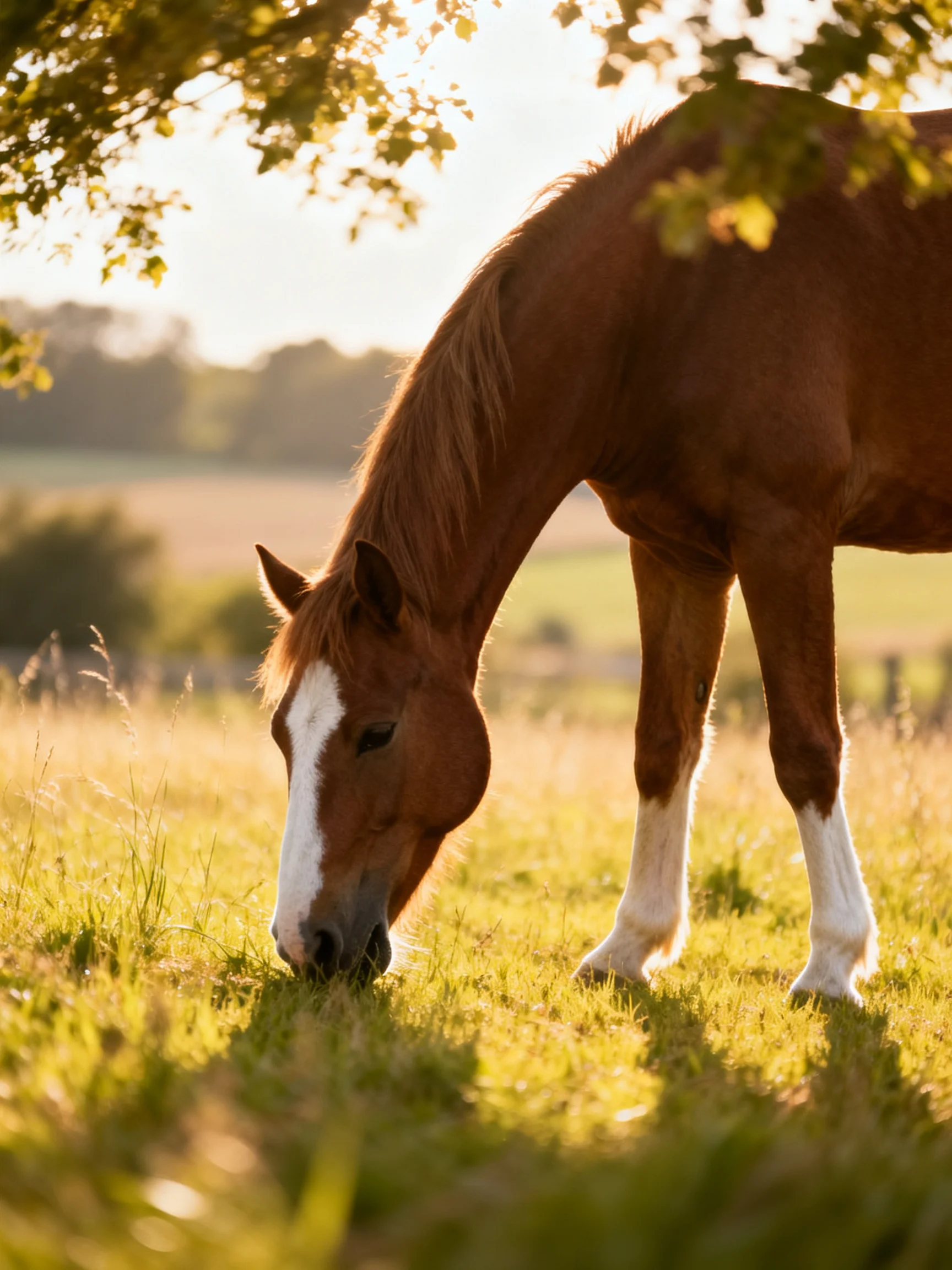 A chestnut horse with white markings grazes in a sunlit meadow