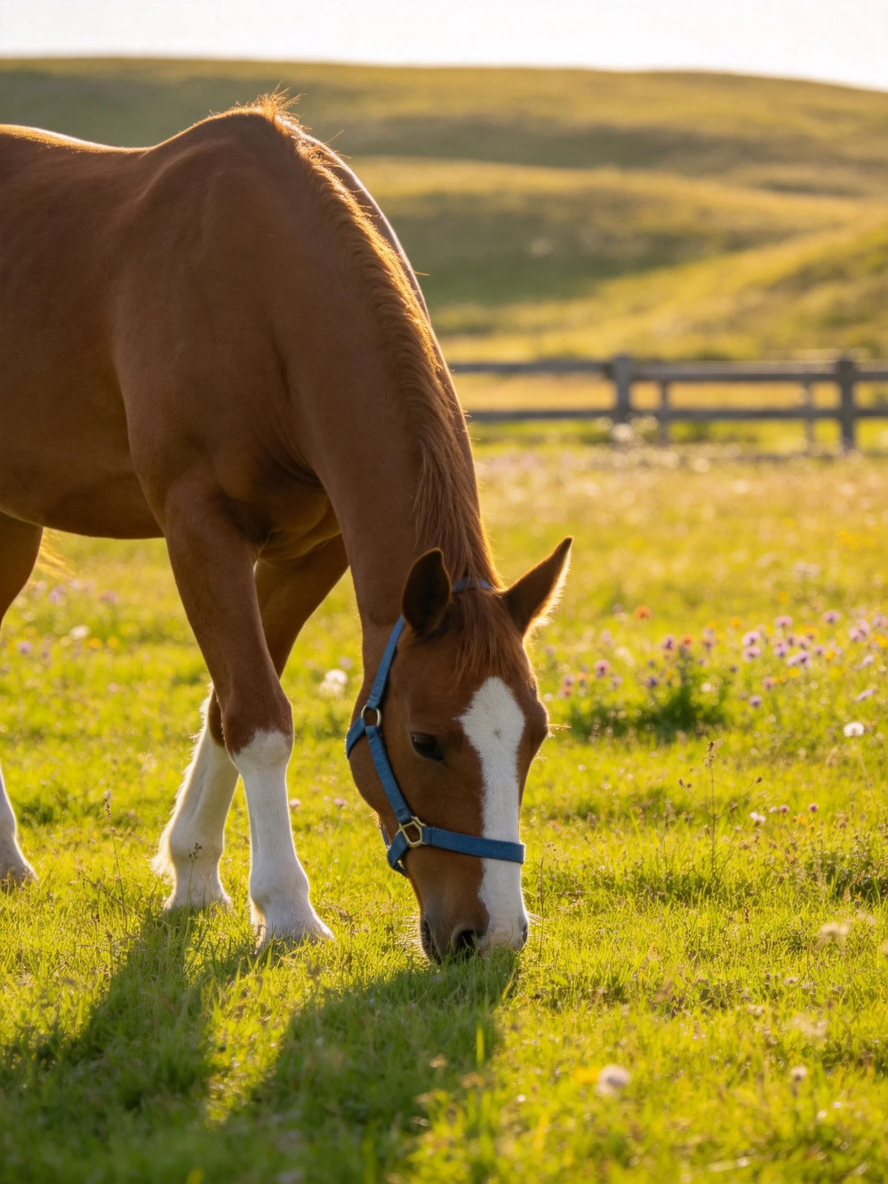 A chestnut horse with white markings grazes in a sunlit meadow