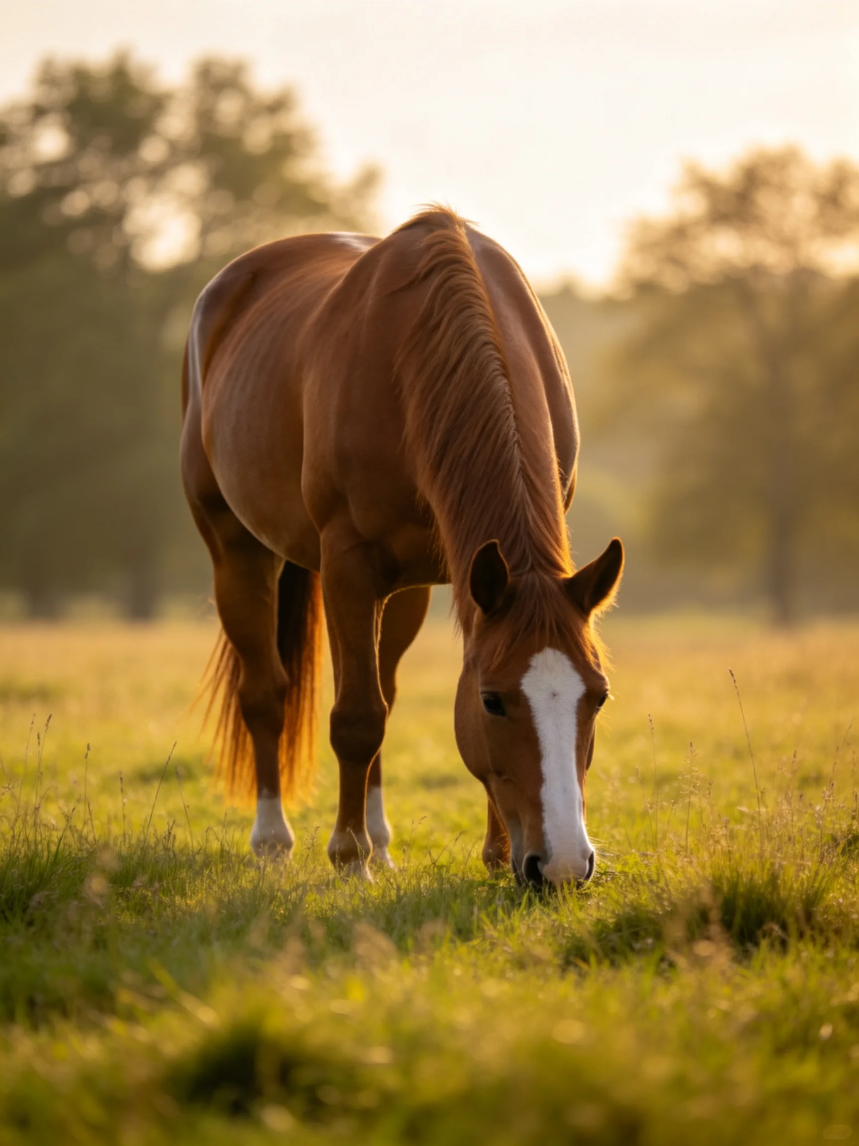 A chestnut horse with white markings grazes in a sunlit meadow