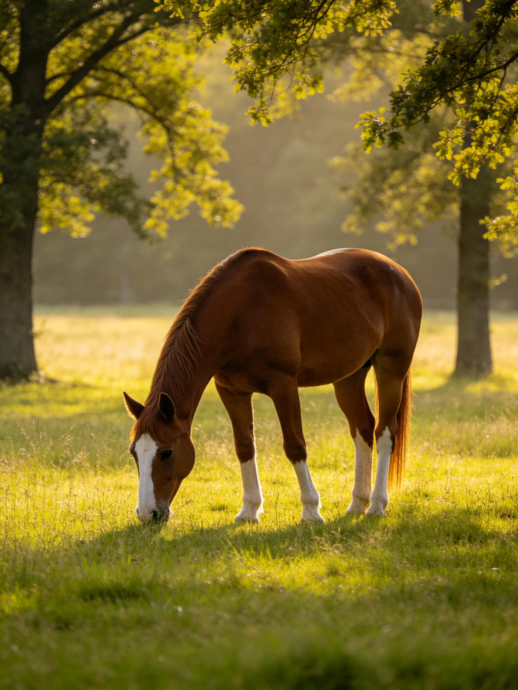 A chestnut horse with white markings grazes in a sunlit meadow with tall trees
