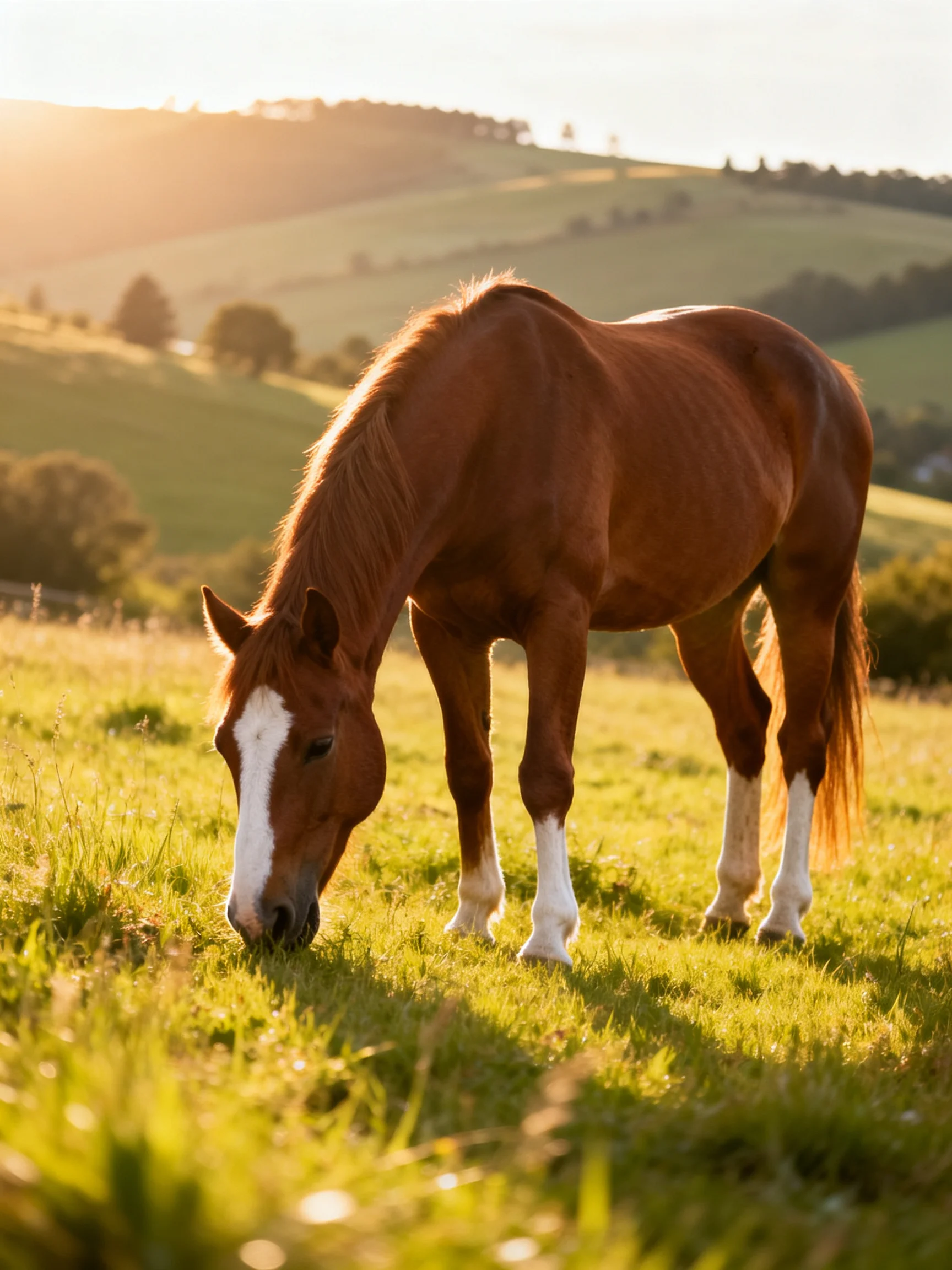 A chestnut horse with white markings grazes in a sunlit rolling meadow