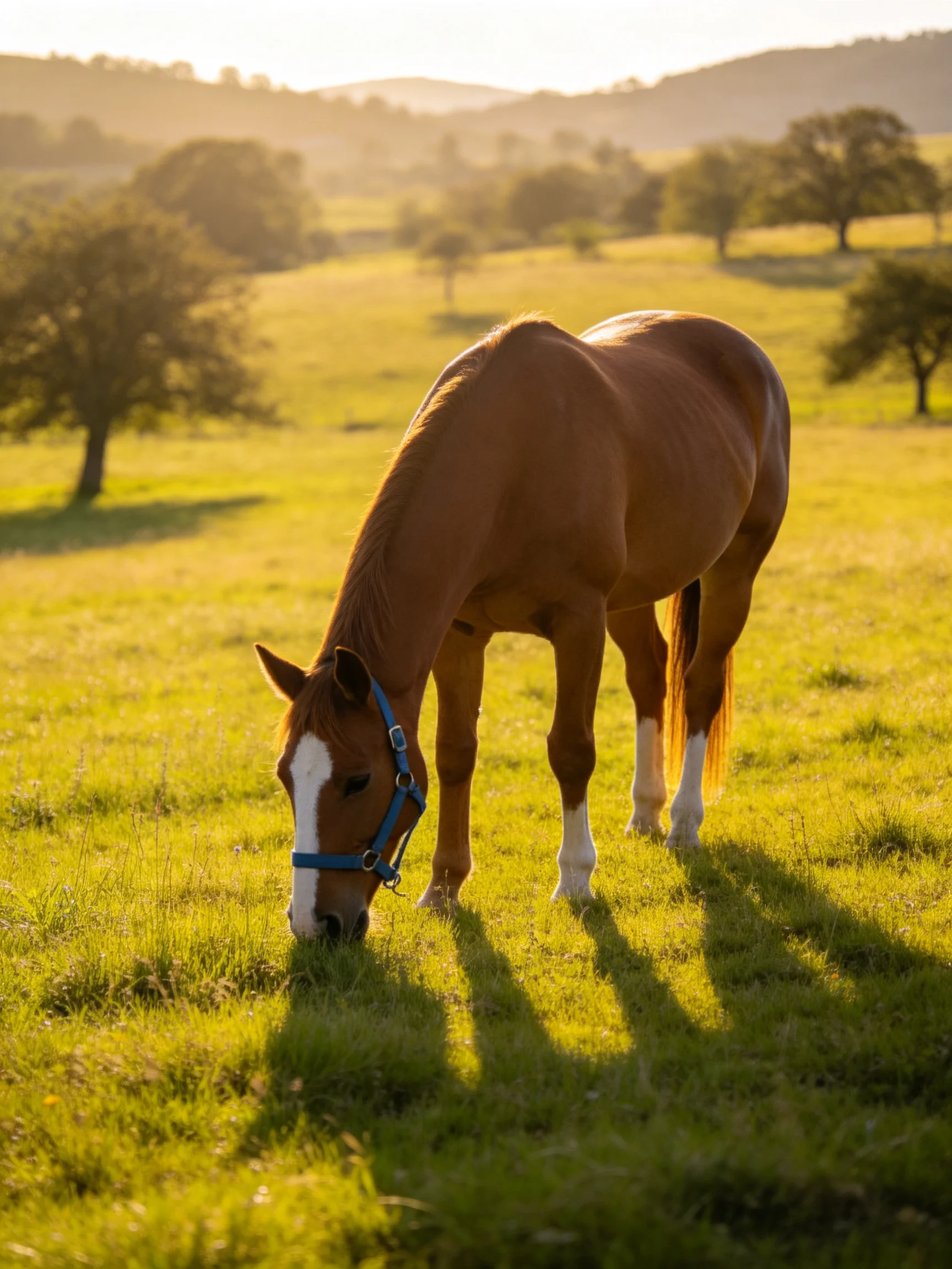 A chestnut horse with white markings grazes in a sunlit, tree-dotted meadow