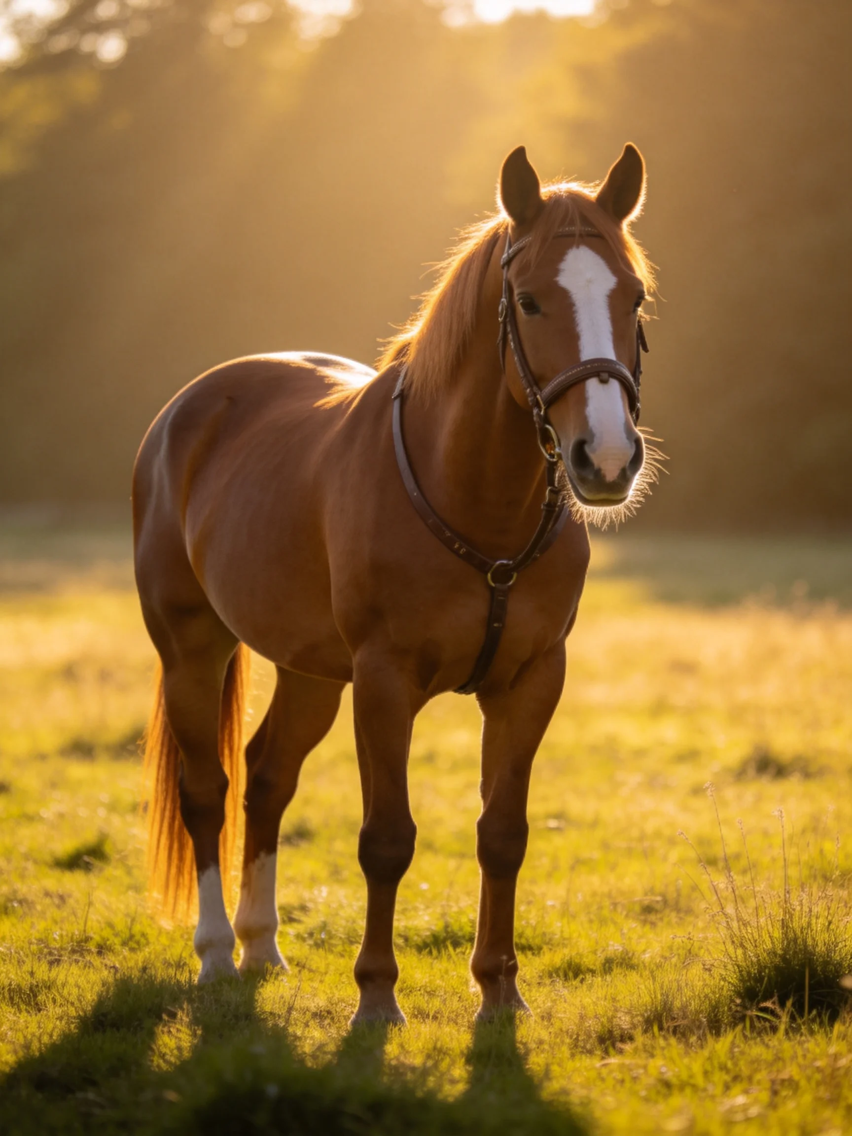 A chestnut horse with white markings in a golden meadow