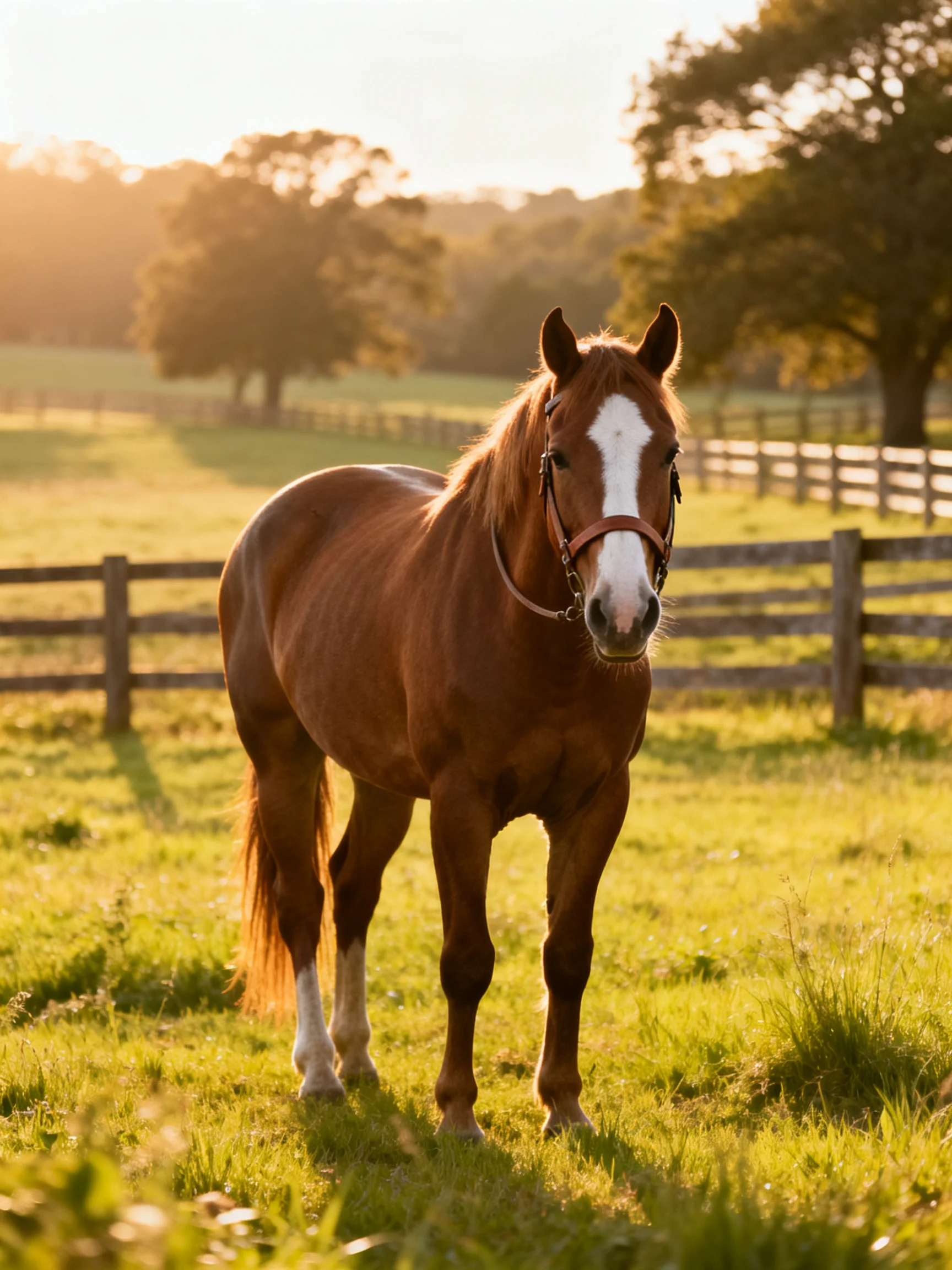 A chestnut horse with white markings in a sun-drenched fenced pasture