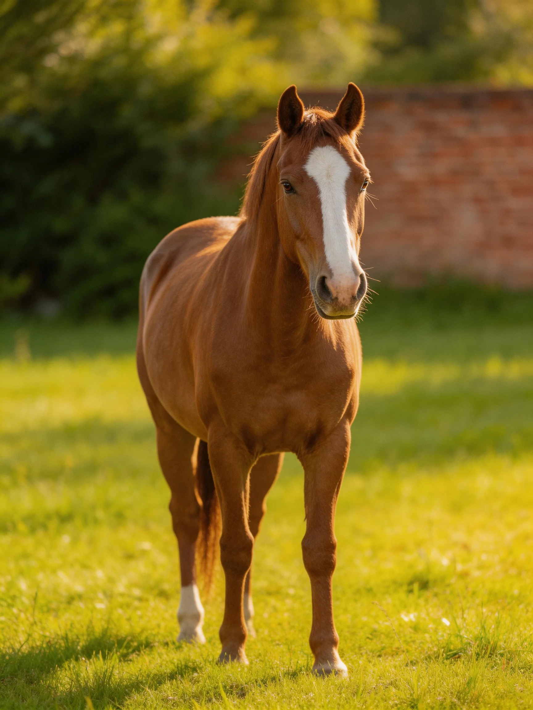 A chestnut horse with white markings in a sunlit green pasture