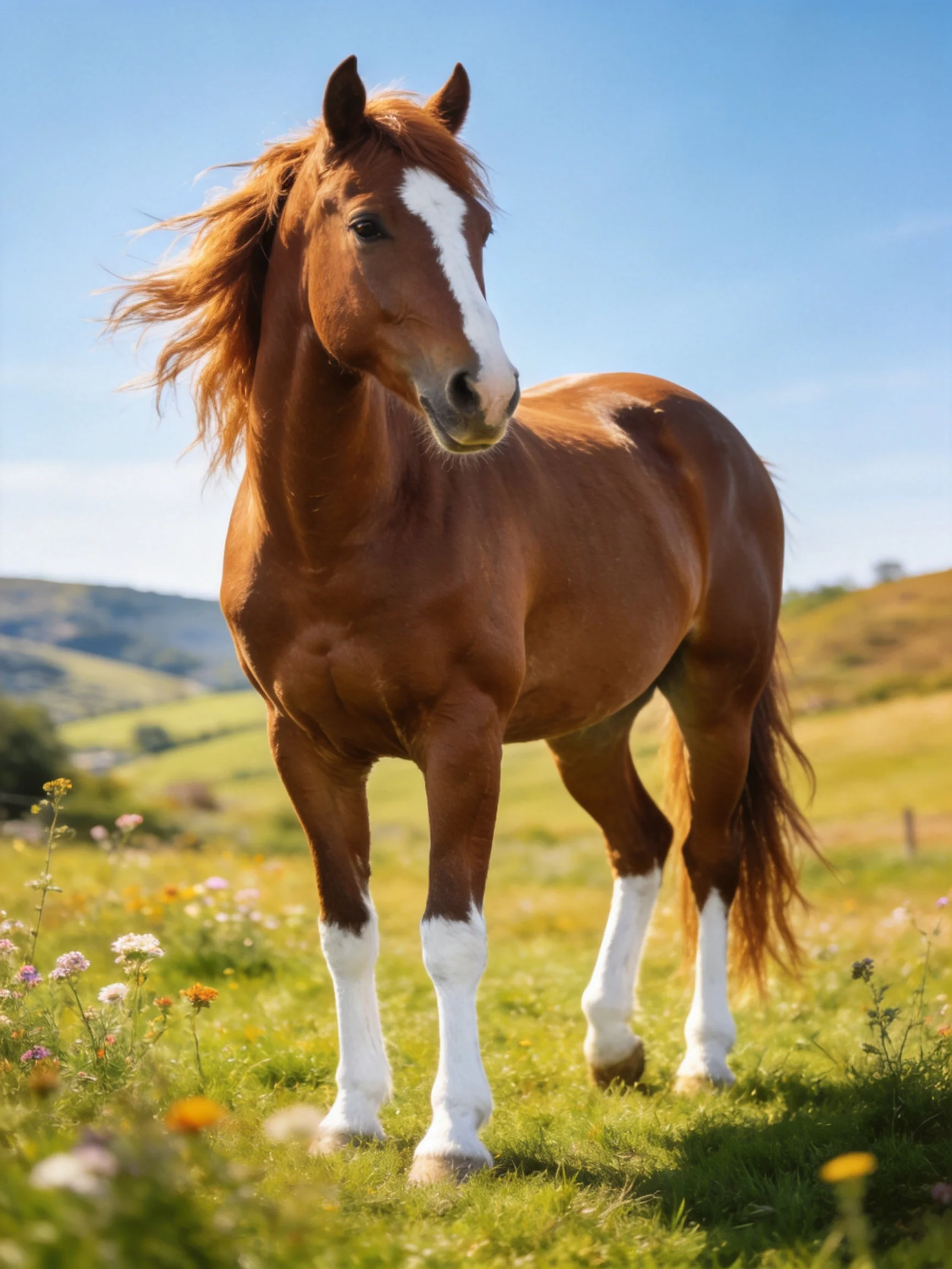 A chestnut horse with white markings in a sunlit meadow