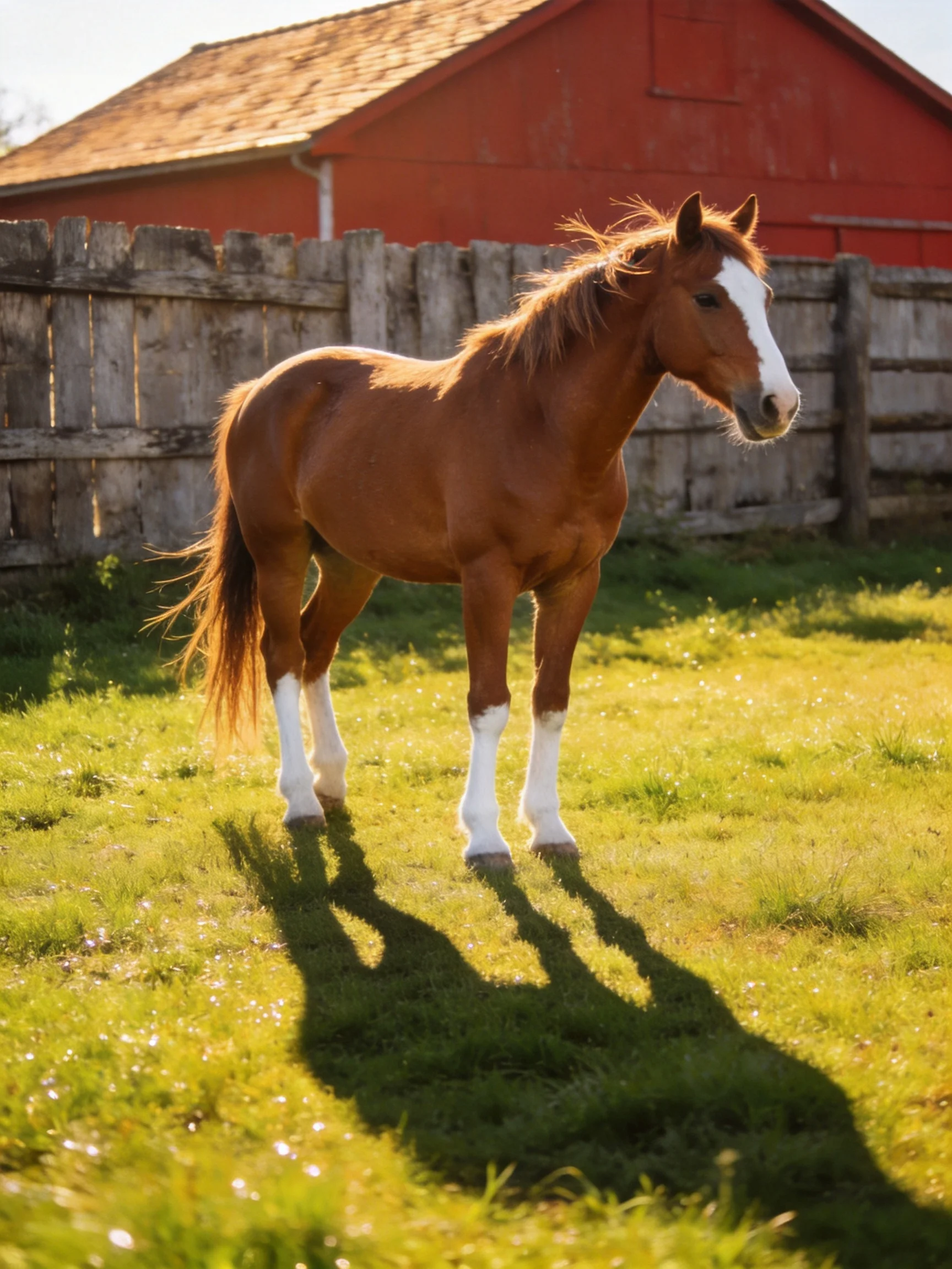 A chestnut horse with white markings near a red barn and wooden fence